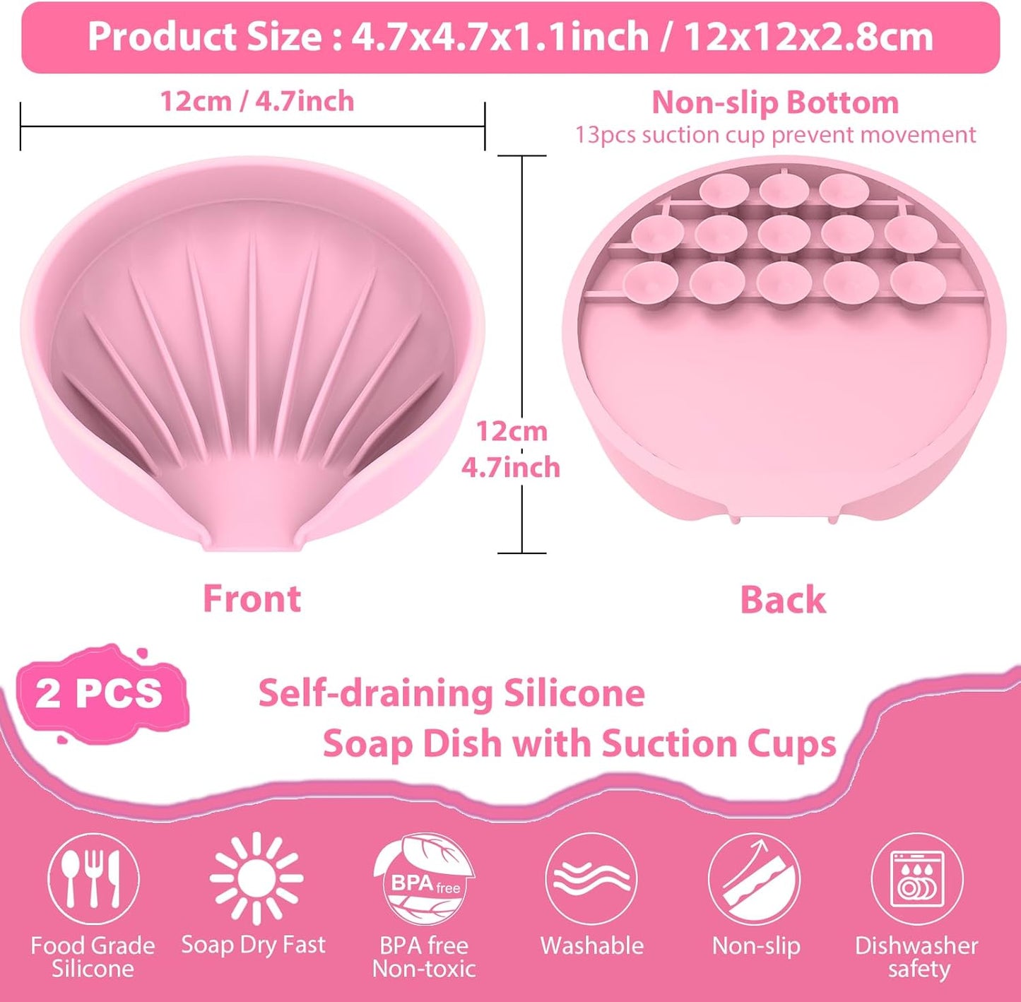 Self Draining Soap Dish, Silicone Suction Cup Soap Holder Tray Savers Container Sponge Holder for