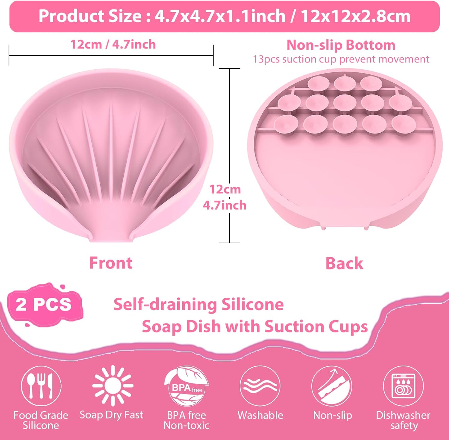 Self Draining Soap Dish, Silicone Suction Cup Soap Holder Tray Savers Container Sponge Holder for