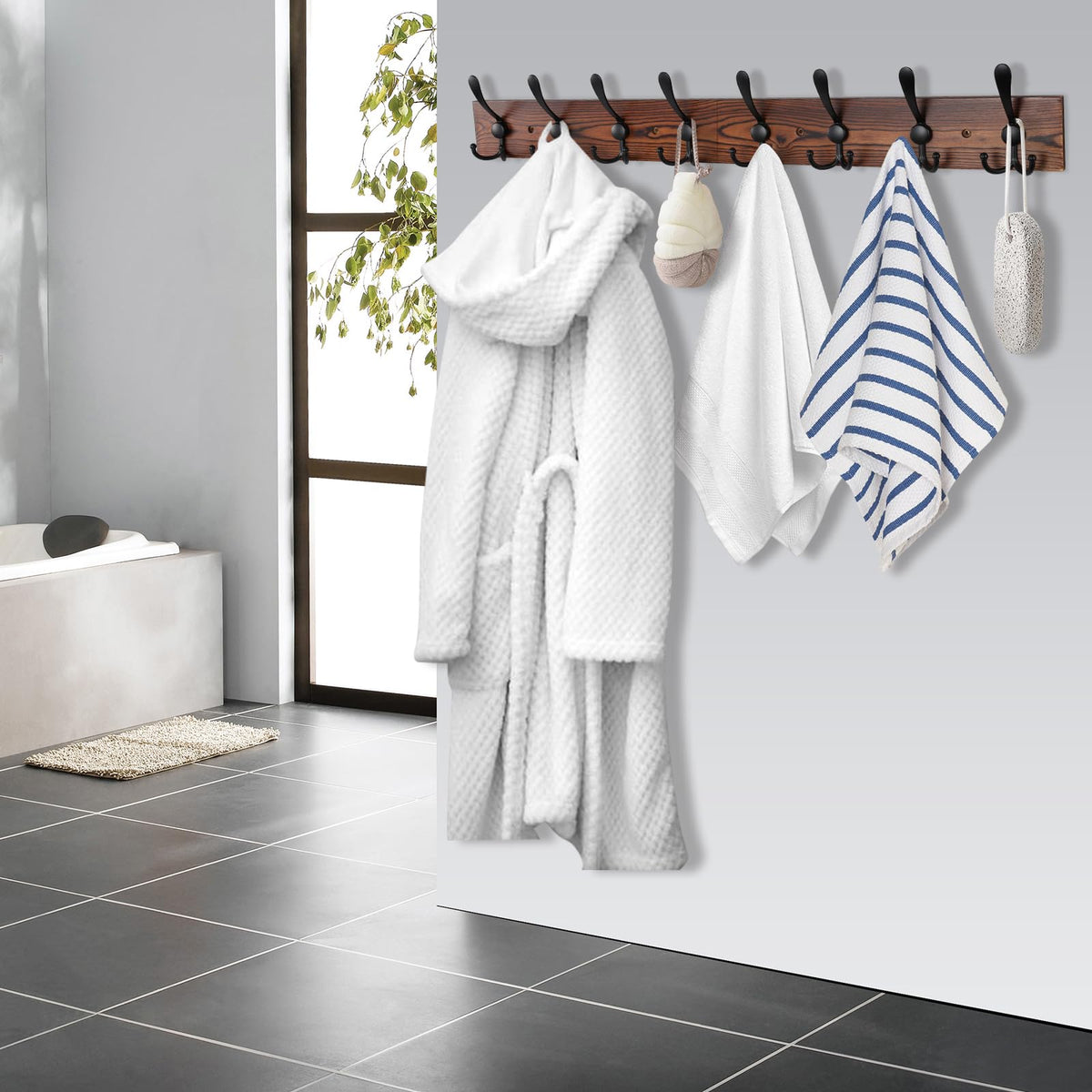 Kuhome 32.2'' Large Coat Rack Wall Mount Coat Hooks Coat Hanger with 8 Metal Black Triple- Hooks