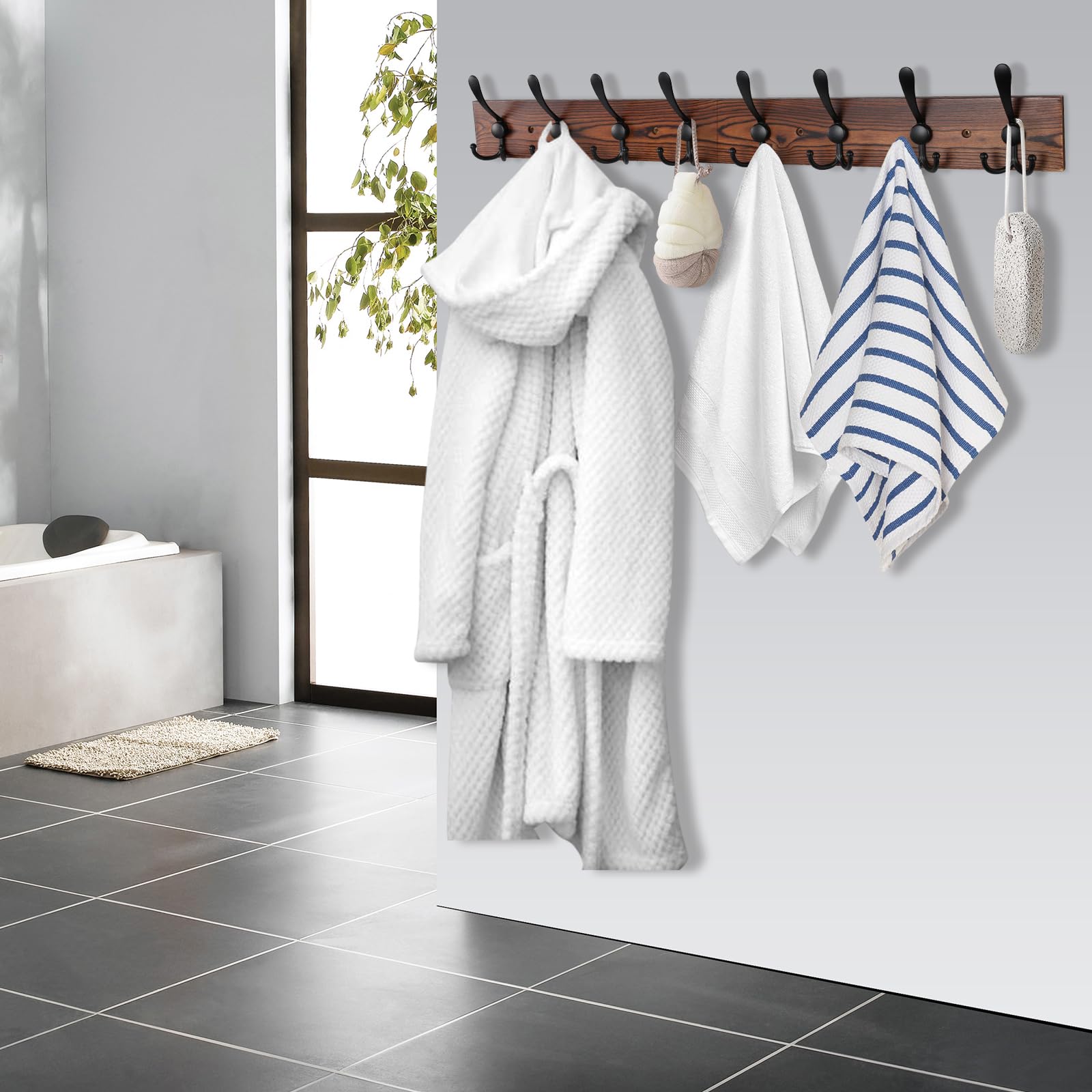 Kuhome 32.2'' Large Coat Rack Wall Mount Coat Hooks Coat Hanger with 8 Metal Black Triple- Hooks