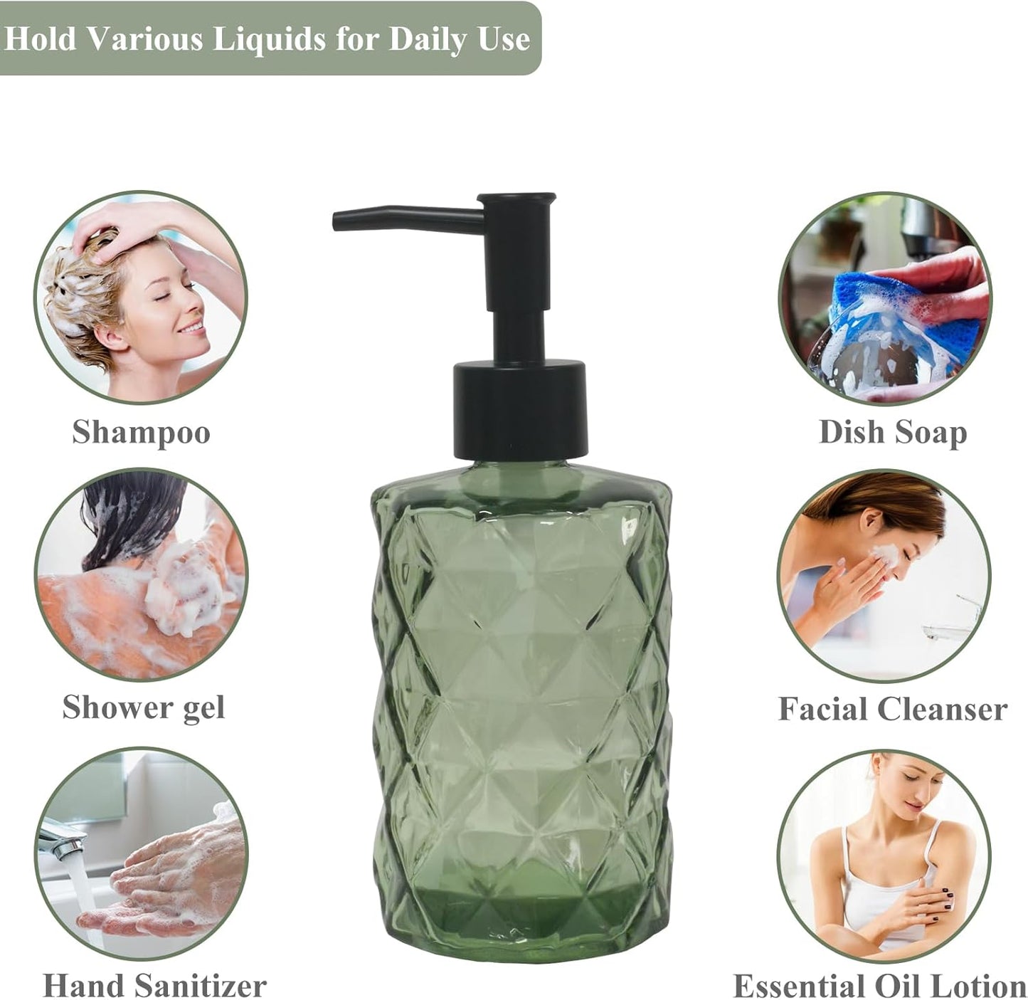 Green Glass Soap Dispenser, 12oz Bathroom Hand Dispenser, Lotion Dispenser with Black Plastic Pump