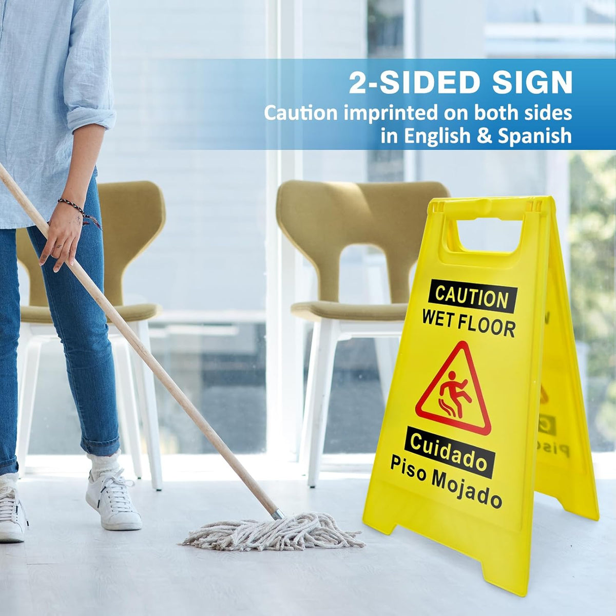 4-Pack Caution Wet Floor Sign, 17.5" Height, Bright Yellow, Double-Sided A-Shaped Frame Design