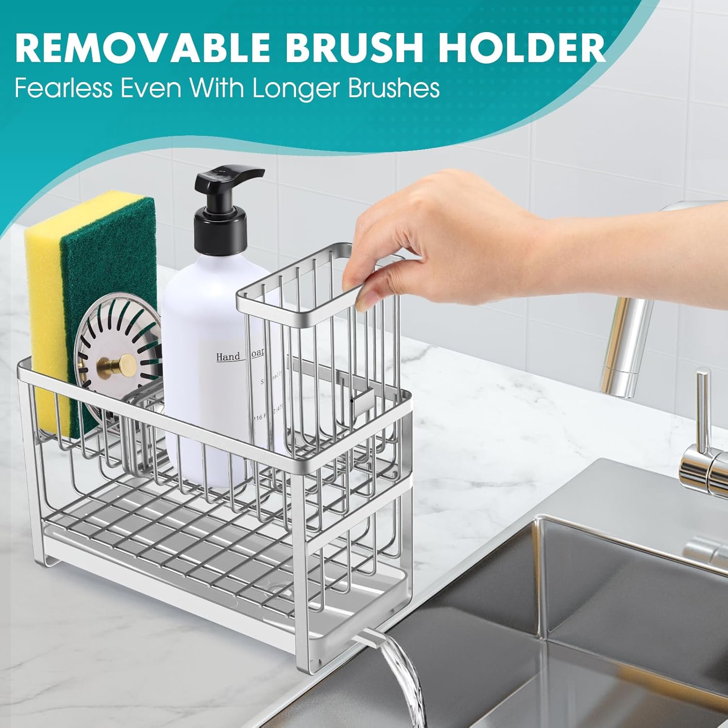 Sinnsally Kitchen Sponge Holder,2 Tier Sink Caddy Organizer with High Brush Holder,Stainless Steel