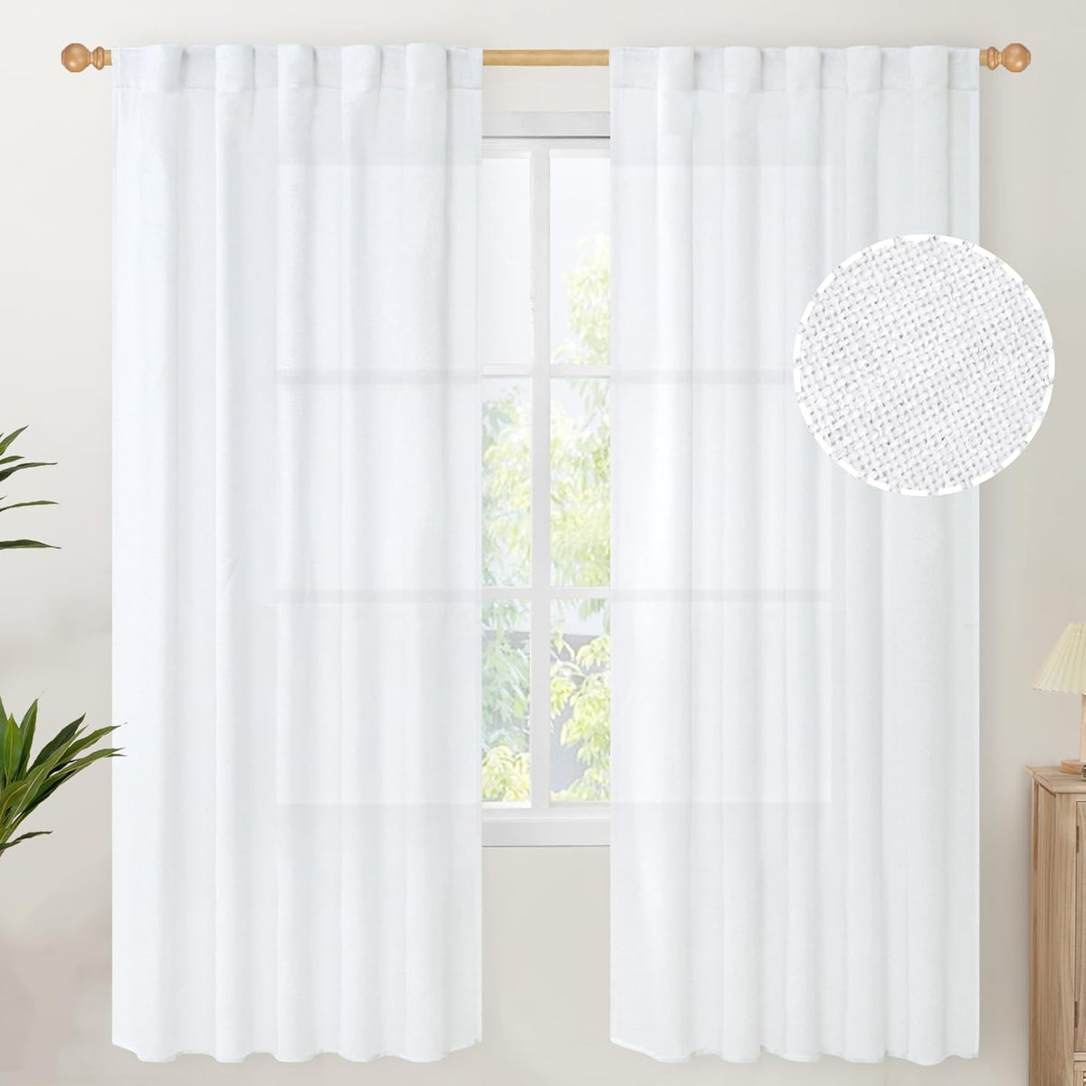 YoungsTex White Linen Semi Sheer Curtains 72 Inch Length 2 Panels for Living Room, Light Filtering