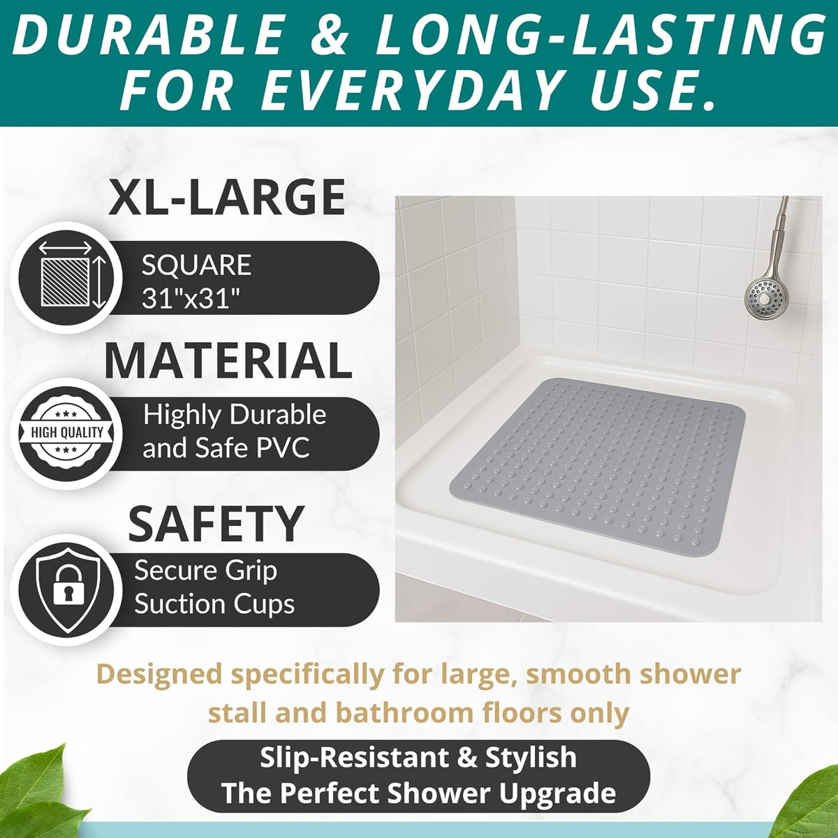 ENKOSI Extra Large Square Non Slip Shower Mat - 31 x 31-inch XL Bathroom Shower Mat - Square Shower