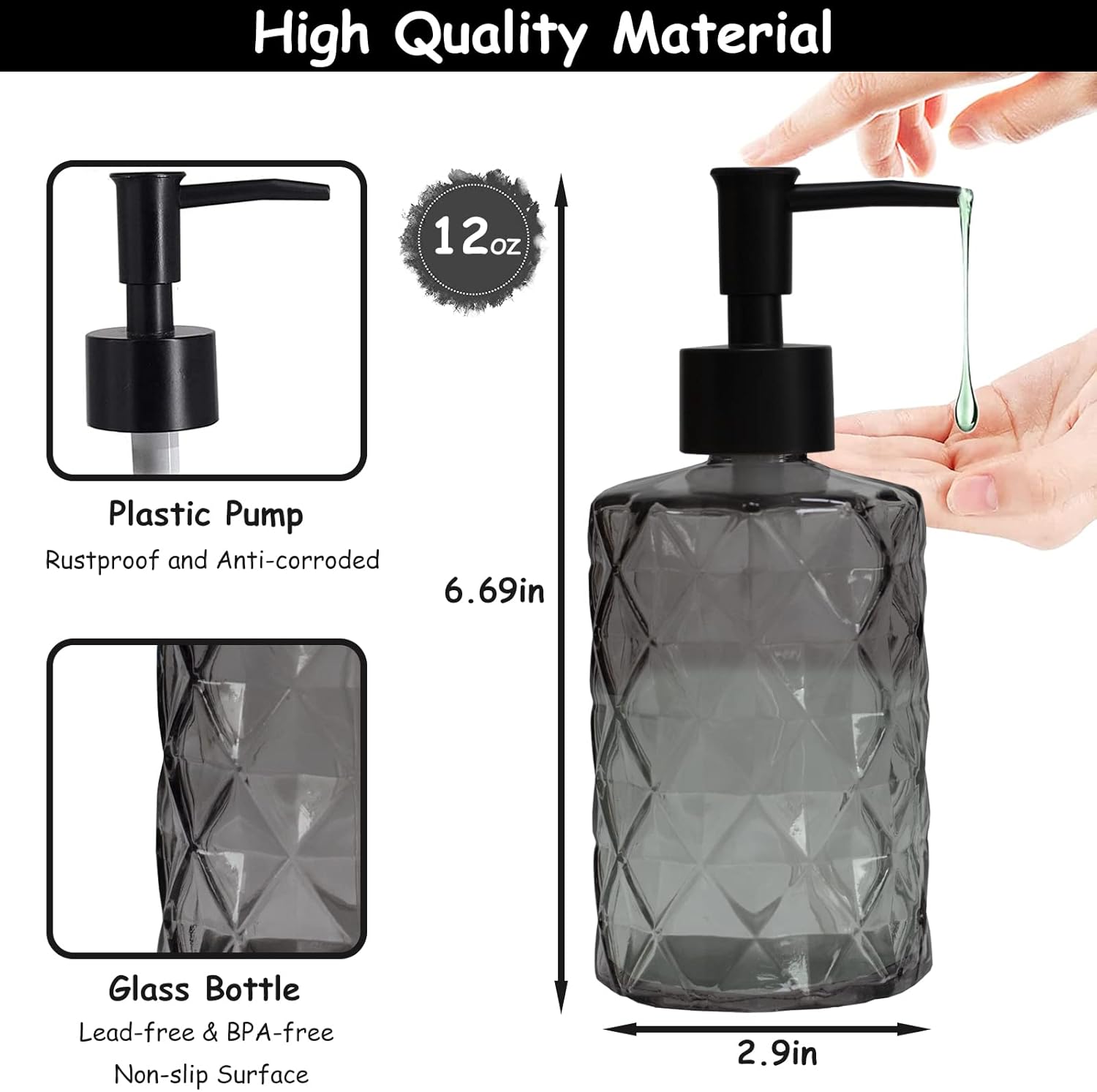 Glass Soap Dispenser with Black Plastic Pump, 12oz Refillable Liquid Hand Soap Dispenser, Crystal
