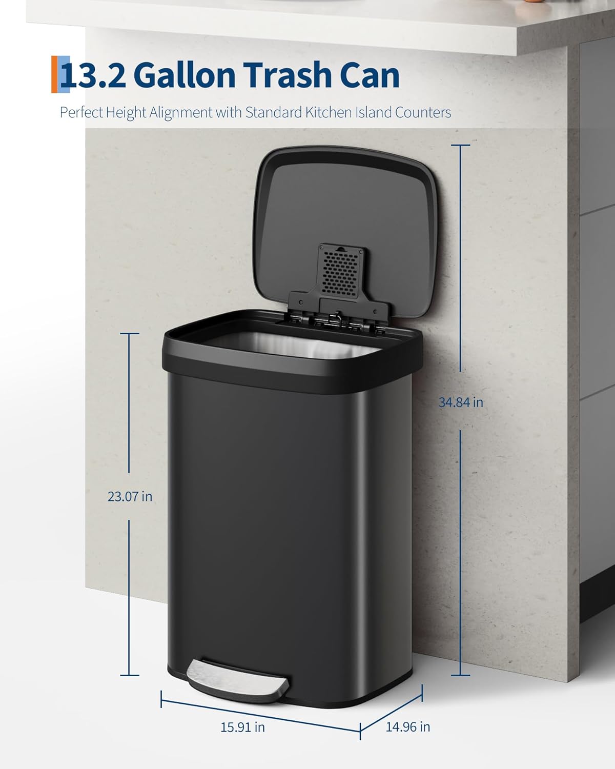 Garvee 13 Gallon / 50 Liter Metal Trash Can with Lid, Large Garbage Can for Kitchen, Rustproof