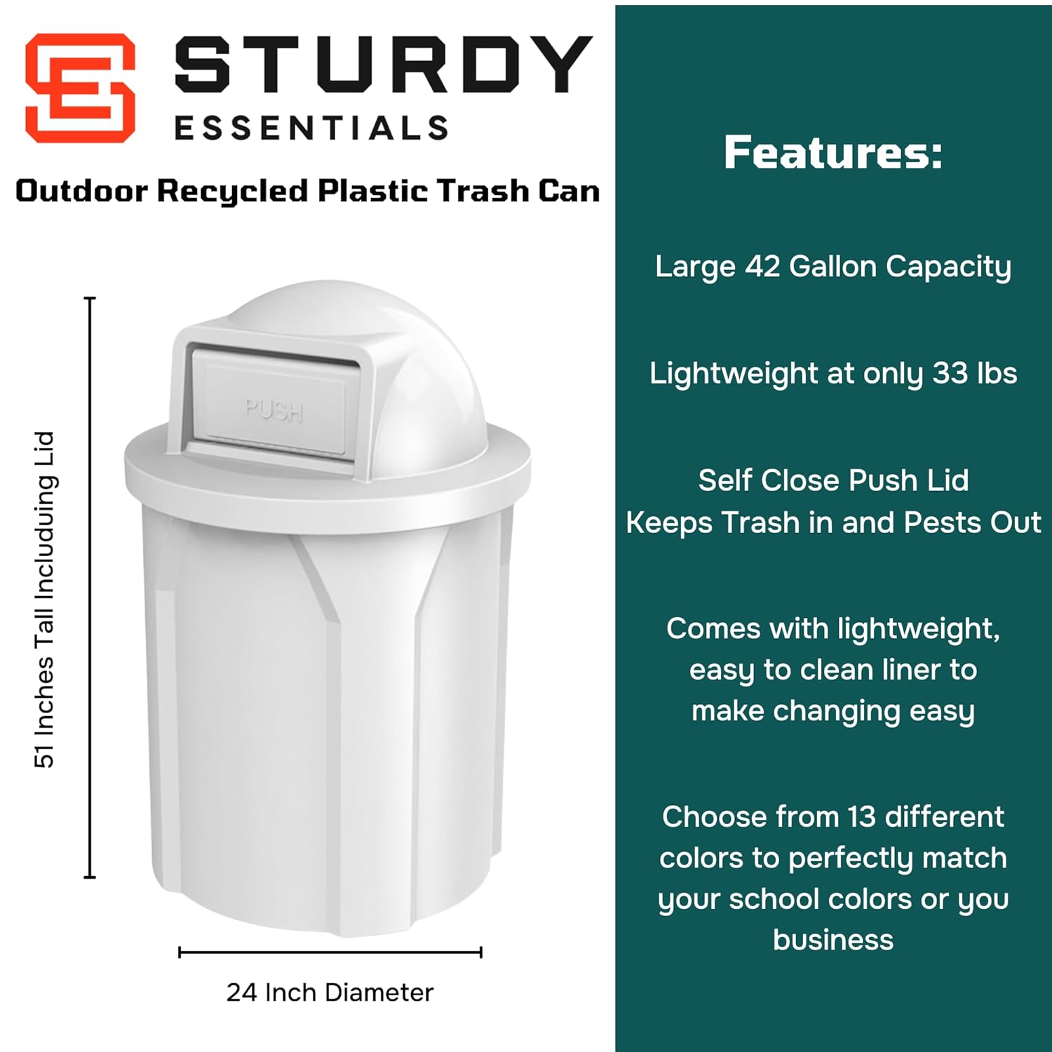 42 Gallon Circle 100% Recycled Plastic Heavy Duty Outdoor Commercial Trash Can with Push Open Dome