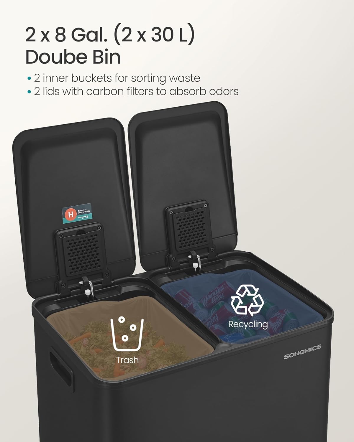 SONGMICS Trash Can, 2 x 8 Gallon (2 x 30 L) Dual-Compartment Garbage Can with Soft-Close Lid, Pedal