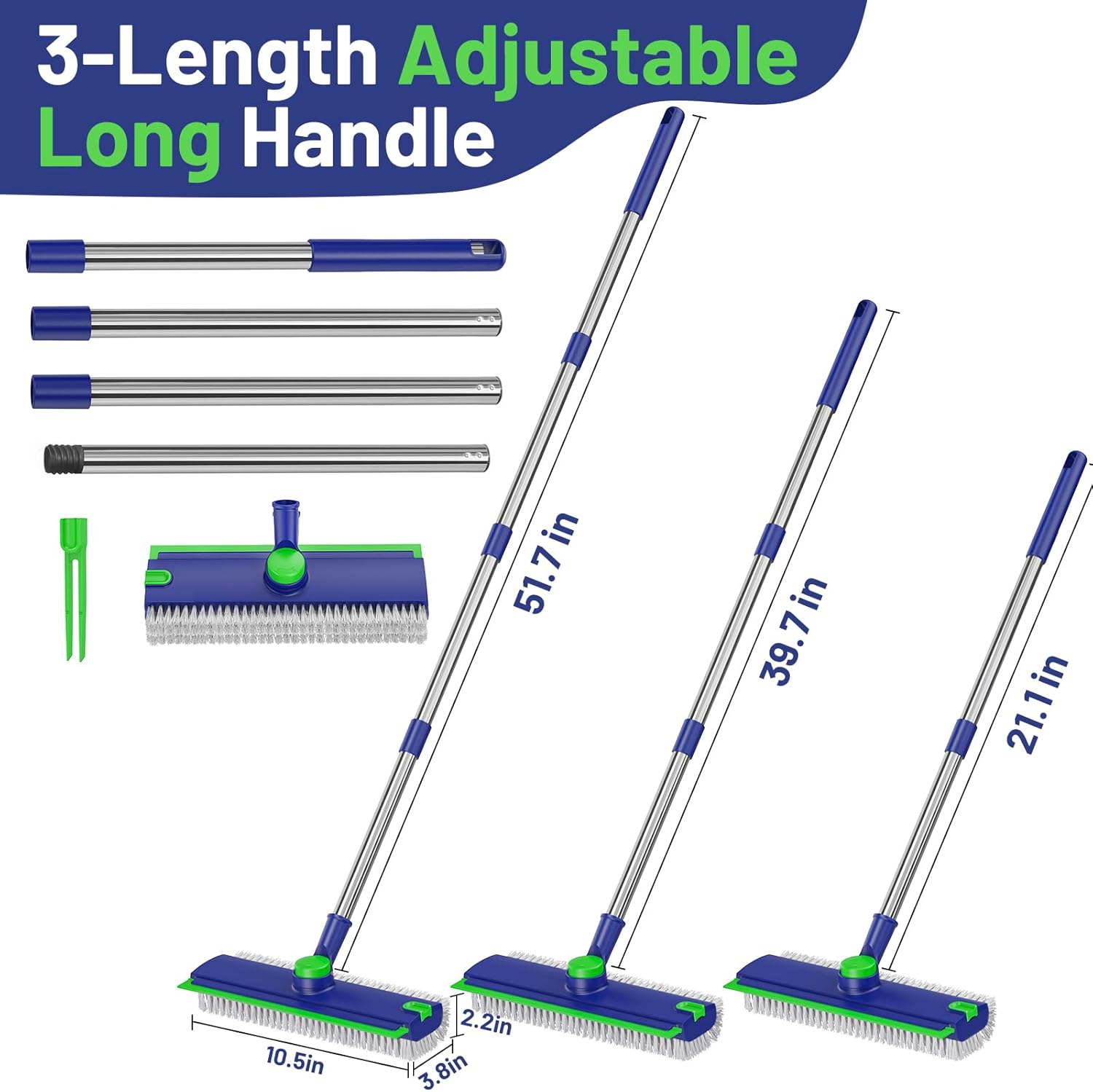 Floor Scrub Brush with Long Handle: 3 in 1 Heavy-Duty Floor Scrubber Brush with Squeegee for