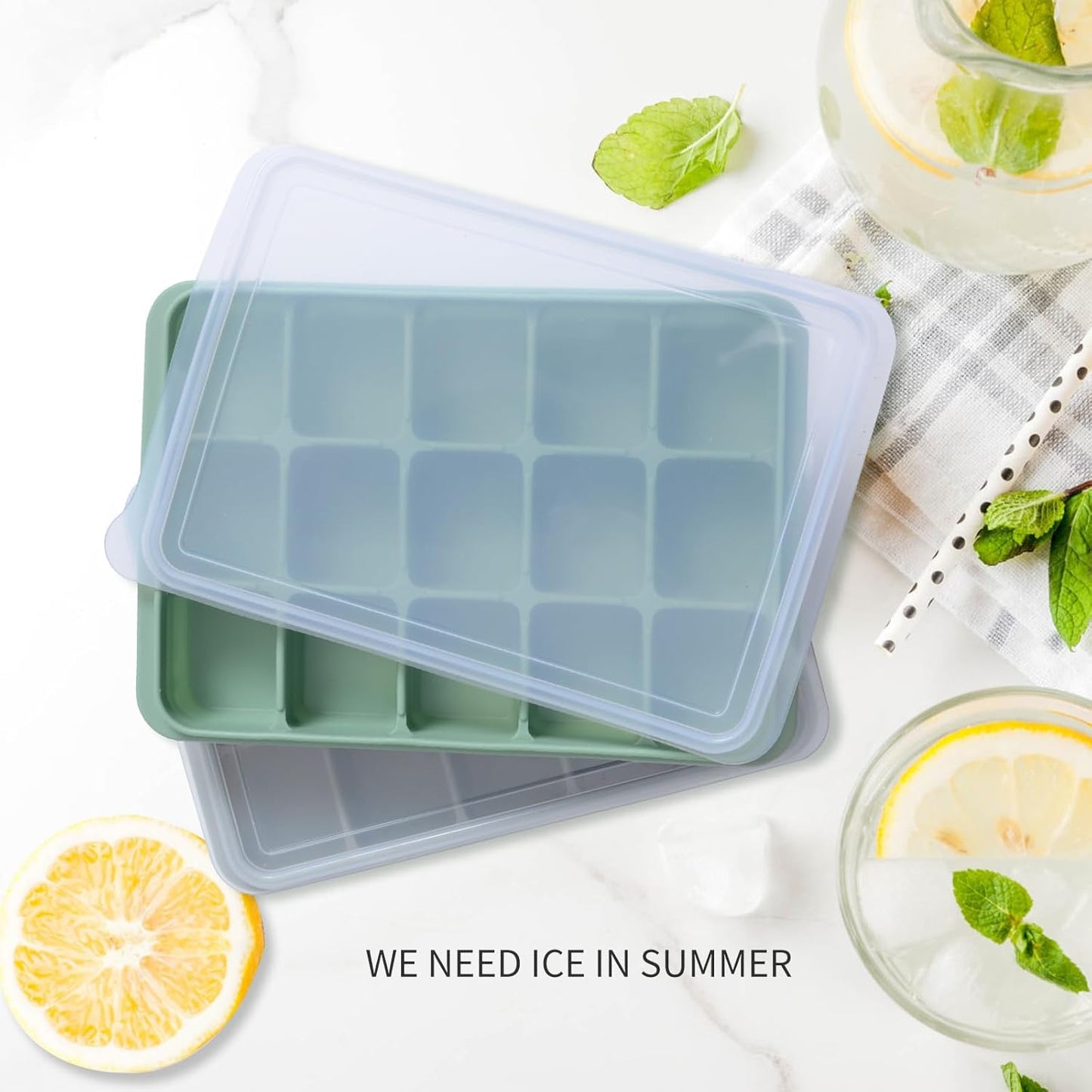 Ice Cube Trays Set of 2, Easy Release 15 Flexible Silicone Ice Cube Molds with Removable Lid