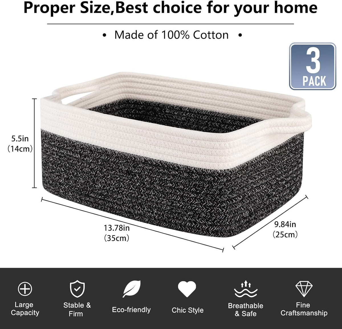 OIAHOMY 3 Pack Storage Baskets for Organizing, Woven Cotton Rope Basket for Shelves, Closet