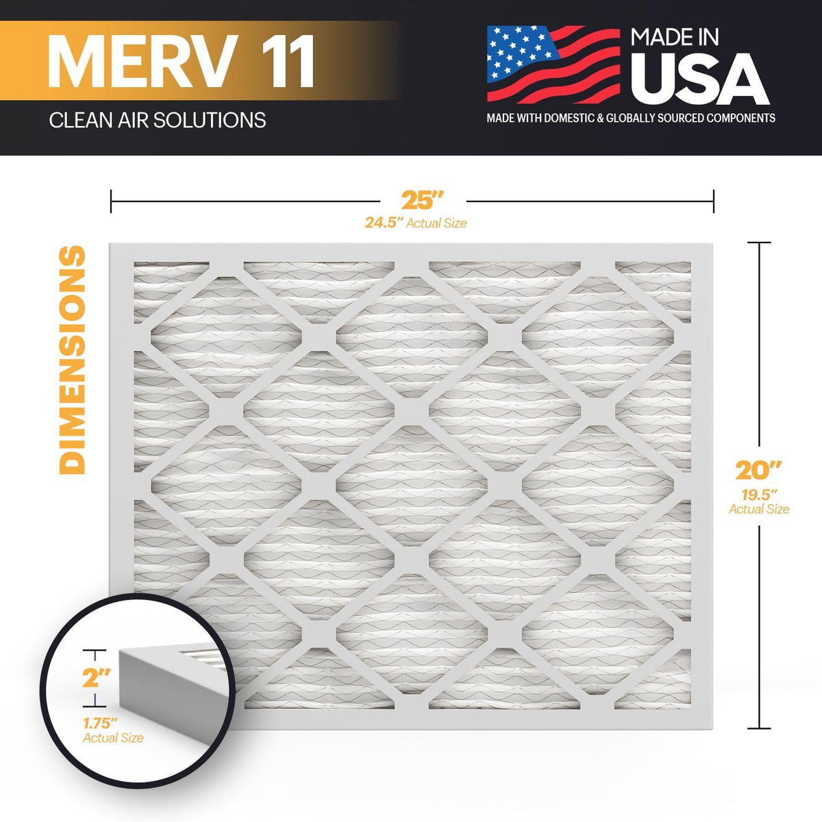 BNX TruFilter 20x25x2 Air Filter MERV 11 (4-Pack) - MADE IN USA - Allergen Defense Electrostatic