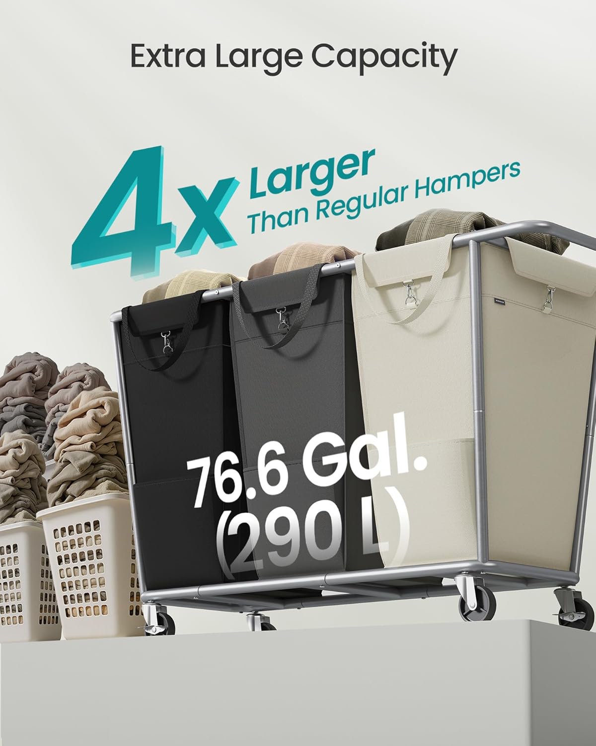 SONGMICS Laundry Basket with Wheels, 76.6 Gallons (290 L), 3-Section Rolling Laundry Hamper with