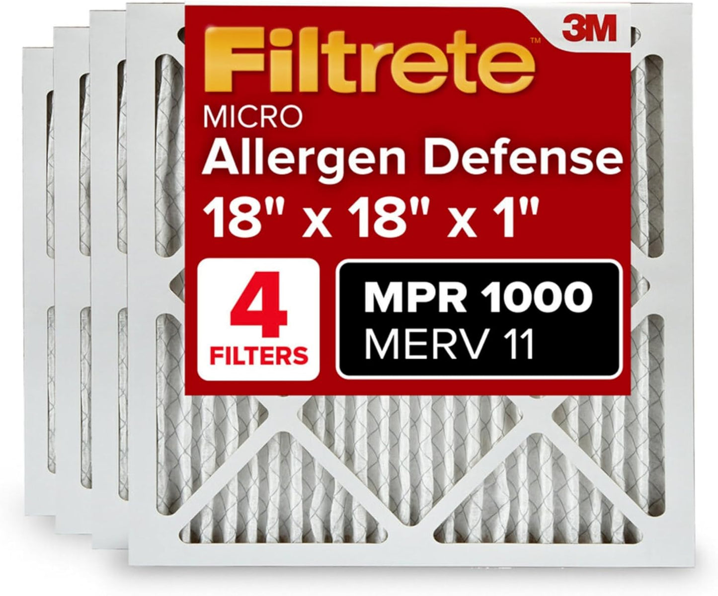 Filtrete 18x18x1 AC Furnace Air Filter, MERV 11, MPR 1000, Micro Allergen Defense, 3-Month Pleated