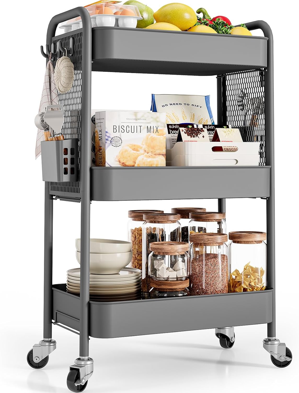 TOOLF 3 Tier Rolling Cart Storage Organizer, Metal Rolling Utility Cart with Wheels, Hooks & Bins