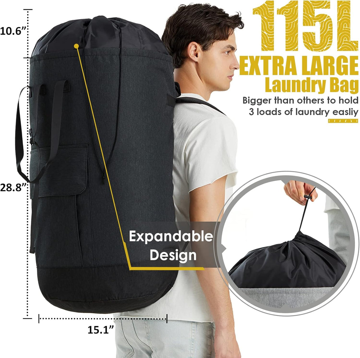 Laundry Backpack Bag 115L, Heavy Duty Laundry Bags with Shoulder Straps, Dirty Clothes Bag for