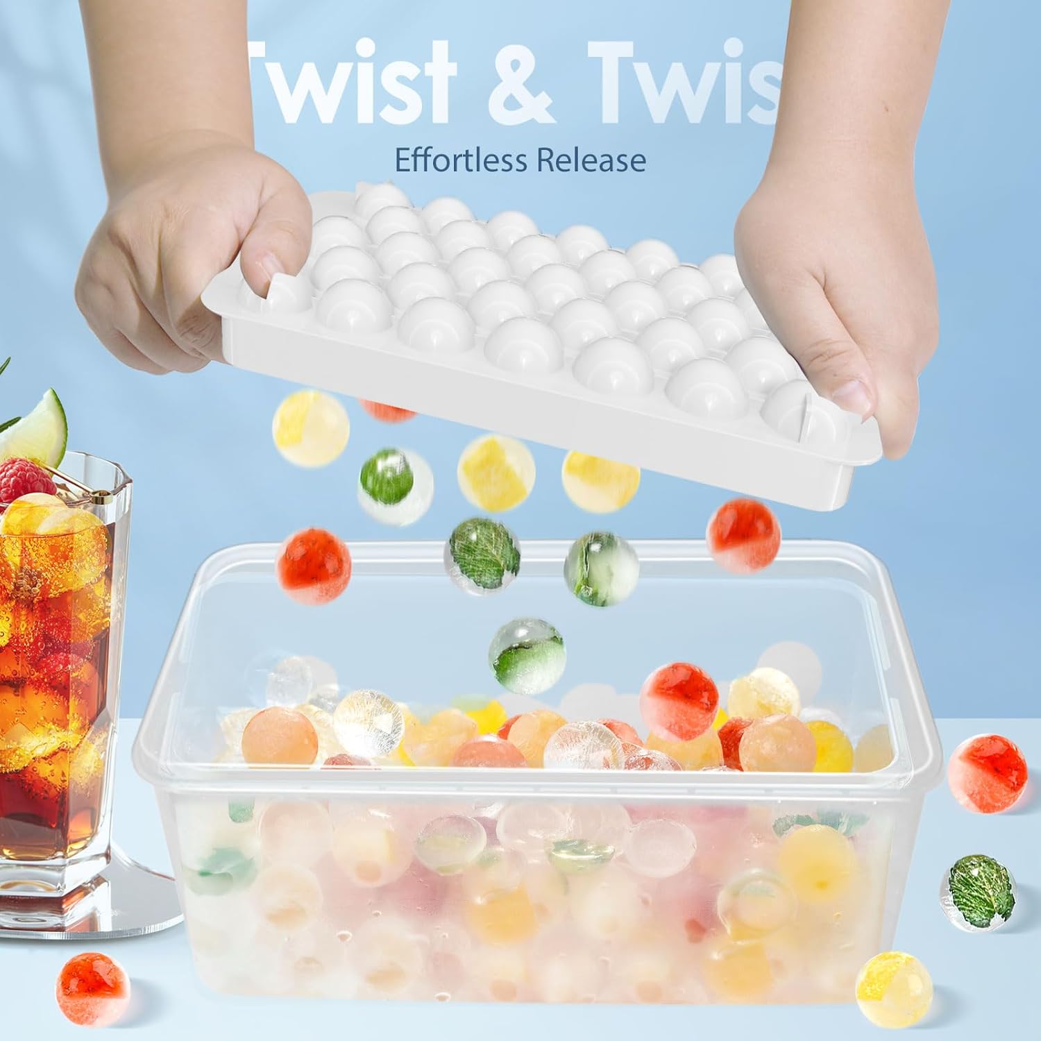 WIBIMEN Ice Cube Tray with Lid and Bin - Round Ice Trays for Freezer with Lid - Ice Cube Trays for