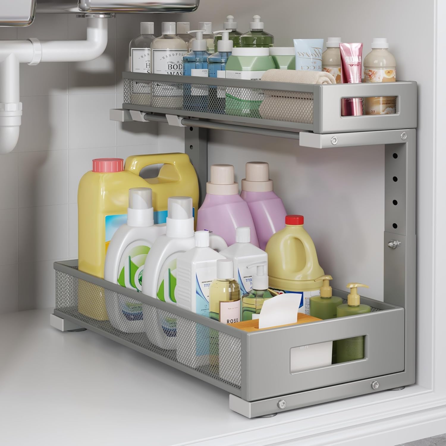 1 Pack 17IN Depth Under Sink Storage Organizer, Large 2-Tier Elegant Mesh Pull Out Shelf for