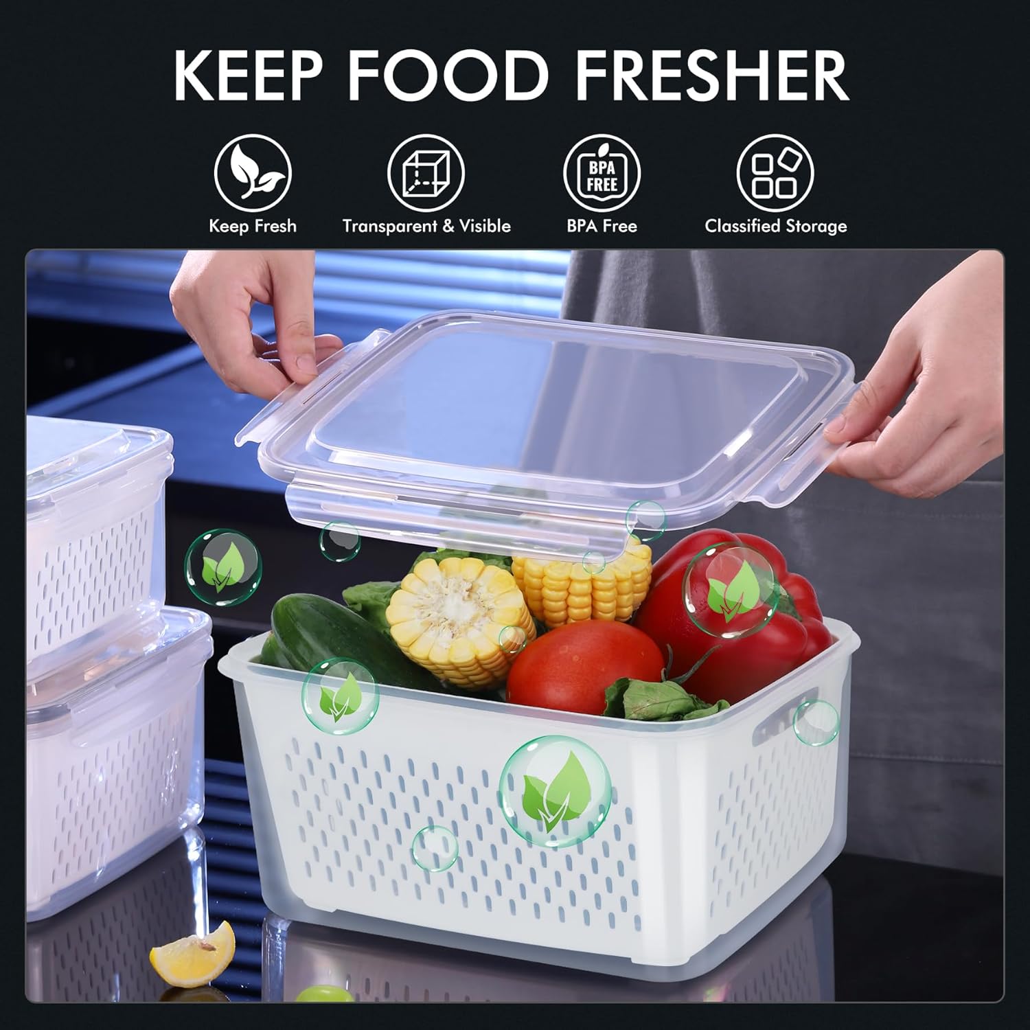 HOTEC 5-Pack Large Fruit Storage Container for Fridge Leak proof with Removable Colander, BPA Free