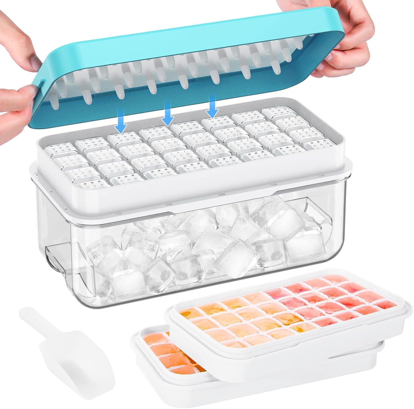 Ice Cube Tray with Lid and Bin, PHINOX 64 pcs Ice Trays for Freezer, Ice Cube Trays for Freezer