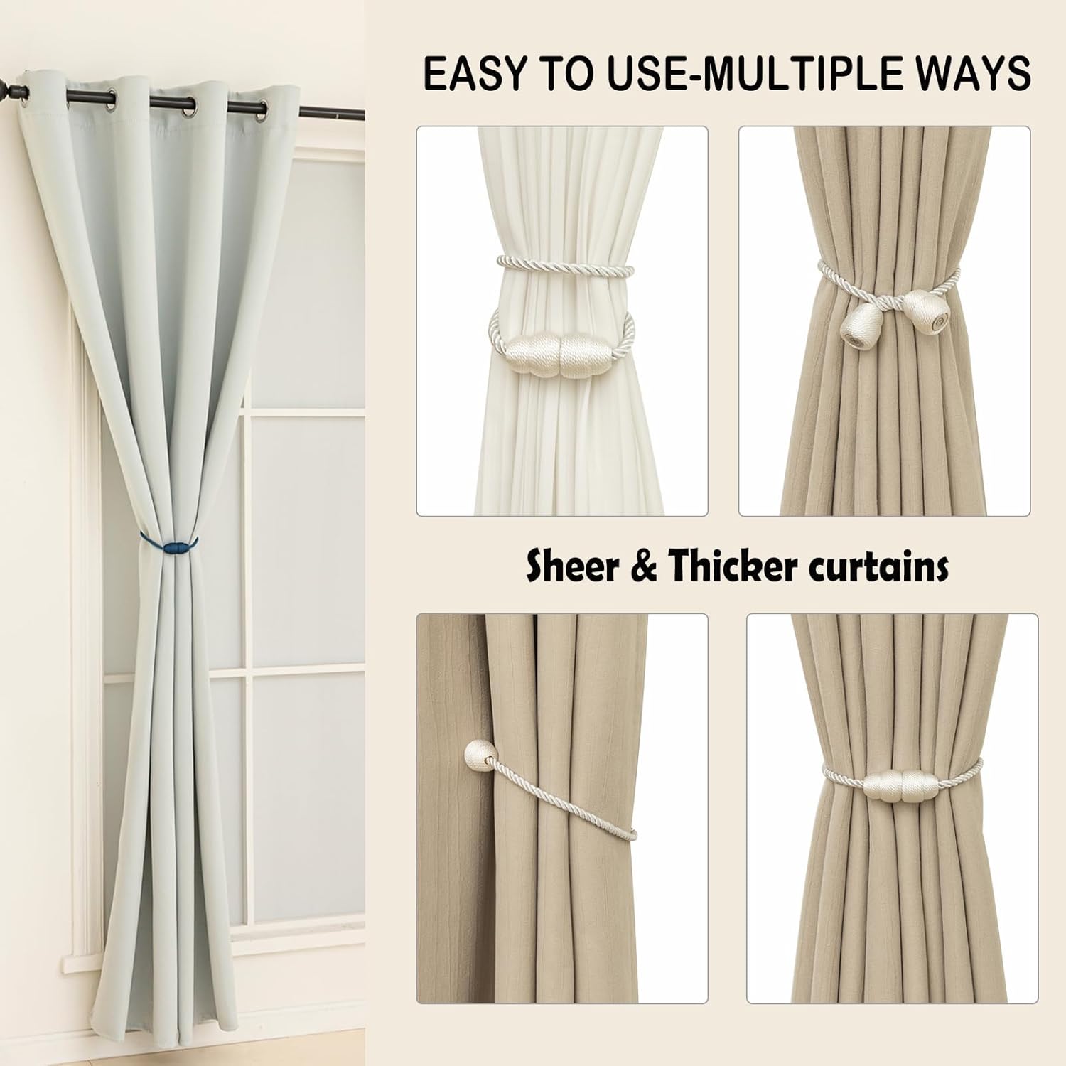 Magnetic Curtain Tiebacks Rope Curtain Tie Backs for Curtains 8 Pack Curtain Holders for Drapes