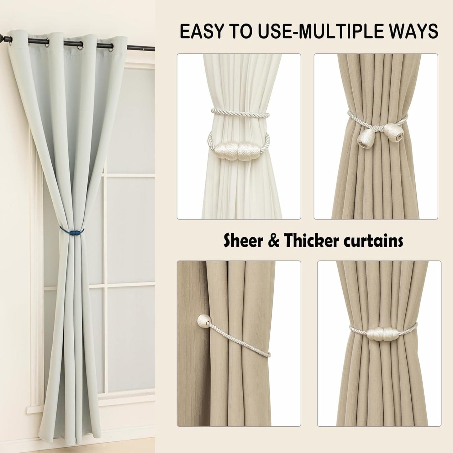 Magnetic Curtain Tiebacks - Rope Tie Backs for Curtains & Drapes - Decorative Window Holdbacks (6