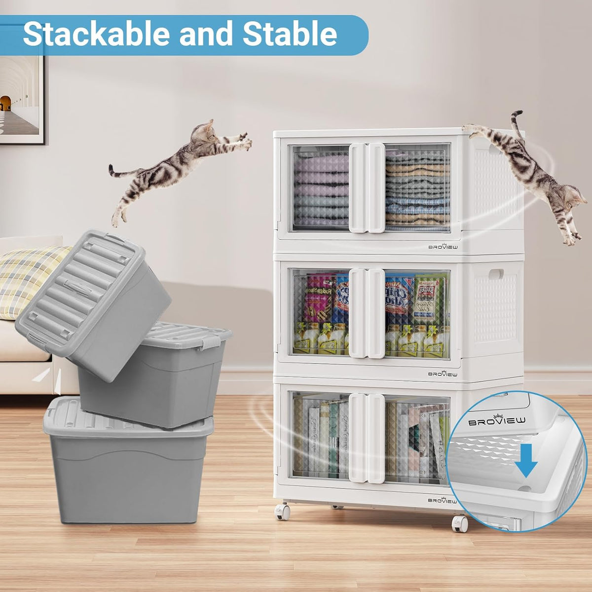 BROVIEW 400 Qt Stackable Storage Bins with Lids & Doors, 4 Pack Plastic Closet Organizer and