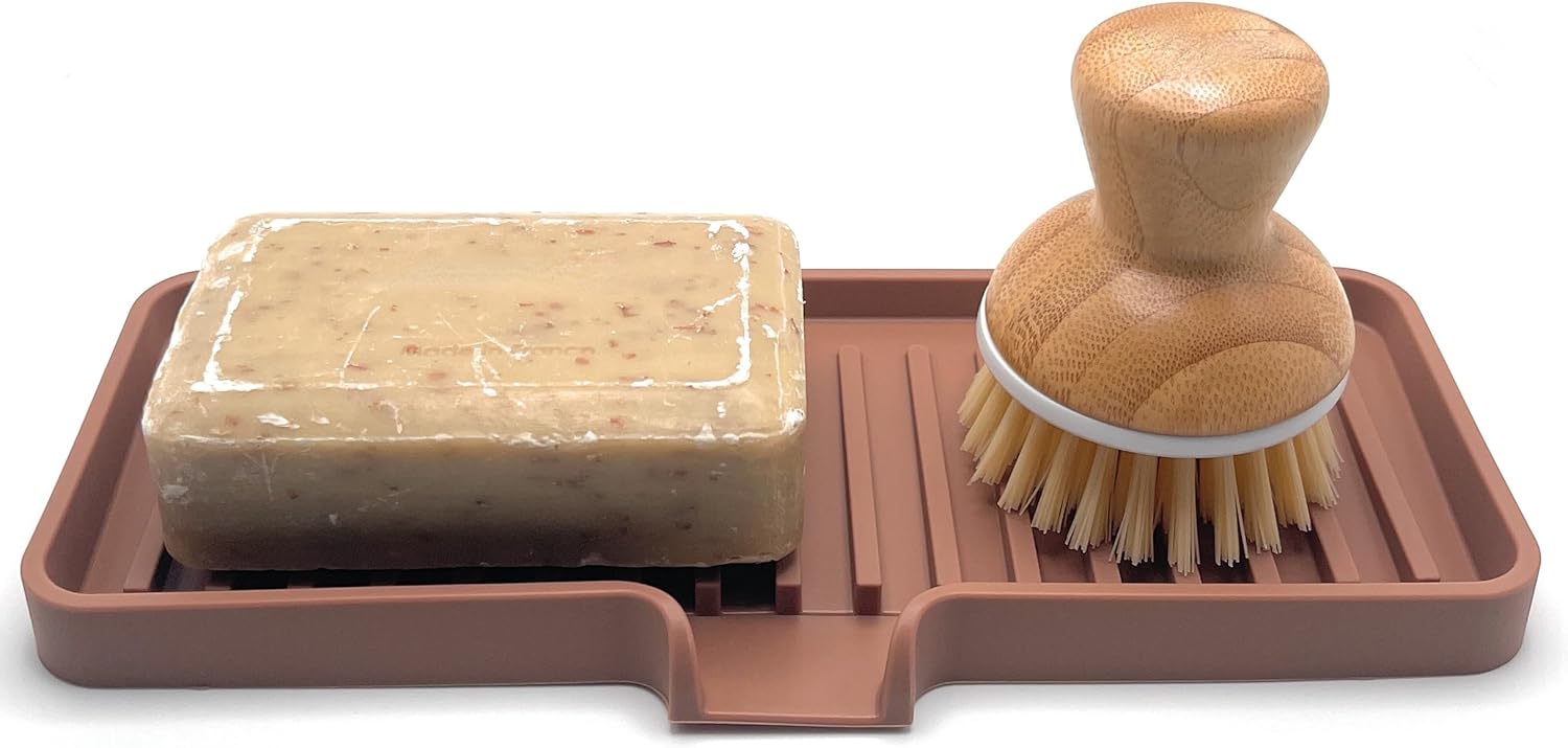 Happitasa Silicone Soap Dish Tray and Sponge Holder with Drain Chute | Bathroom and Kitchen Sink