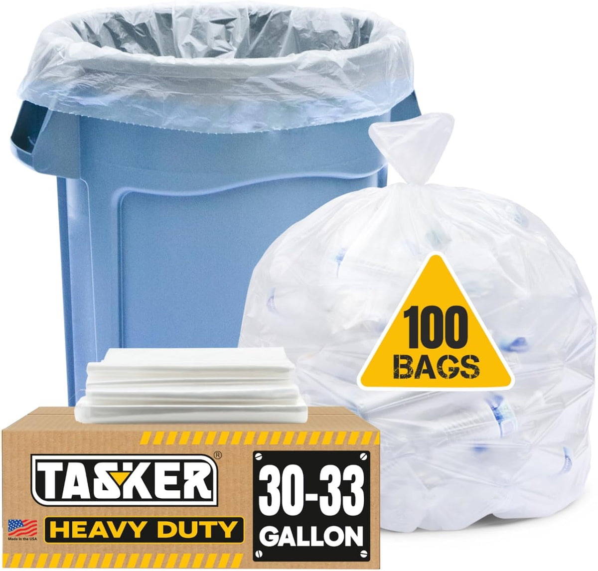 Tasker 30-33 Gallon Trash Bags Heavy Duty (Value 100/Bags w/Ties) Clear Large Plastic Recycling