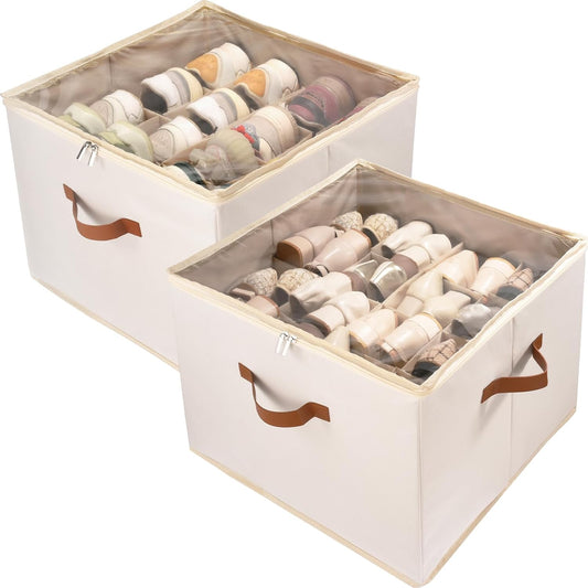 Shoe Organizer Box 2 Pack, Shoe Storage Organizer with Clear Cover, Adjustable Dividers Fits 16-32