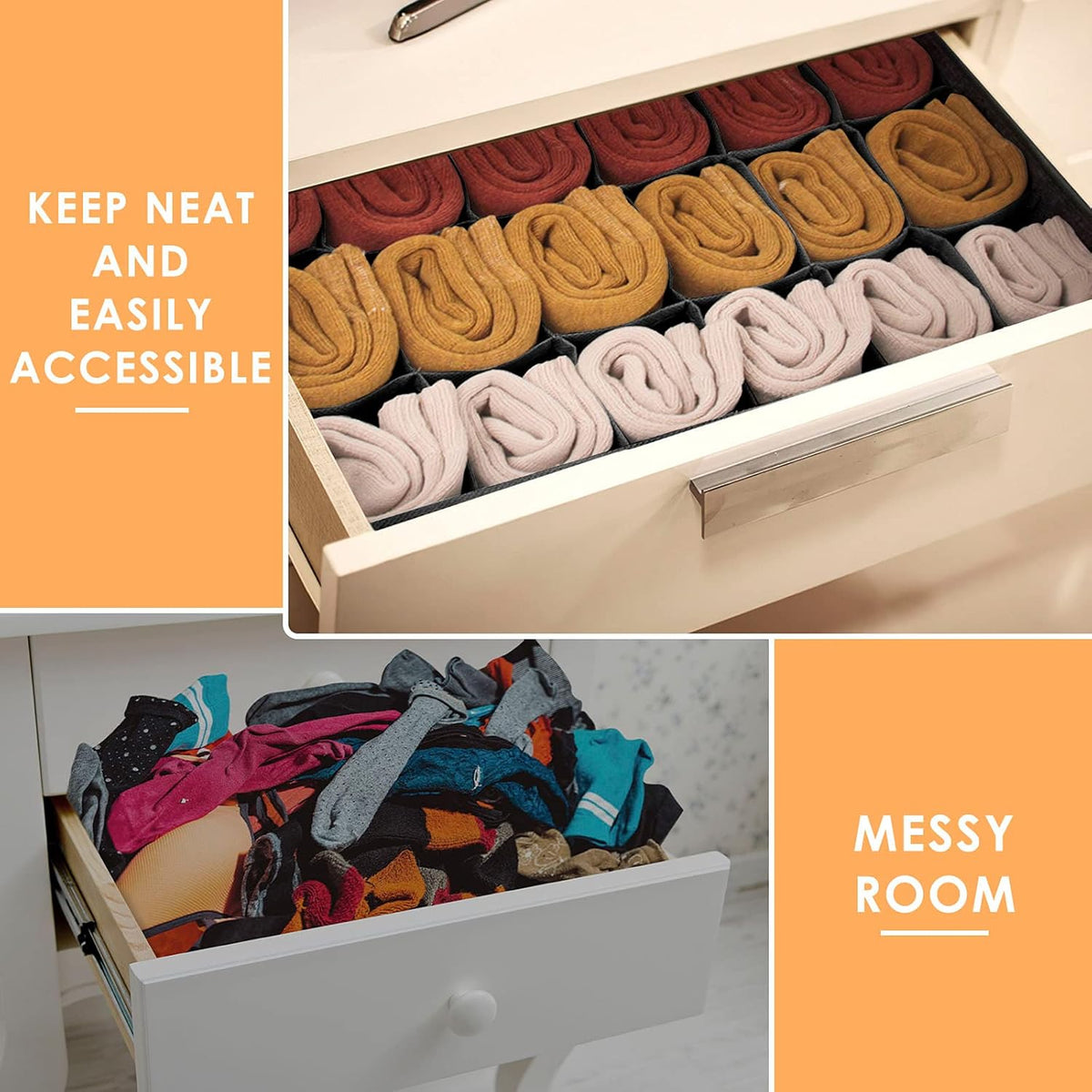 Criusia 3 Pack Sock Underwear Organizer Dividers, 64 Cell Fabric Foldable Cabinet Closet Organizers