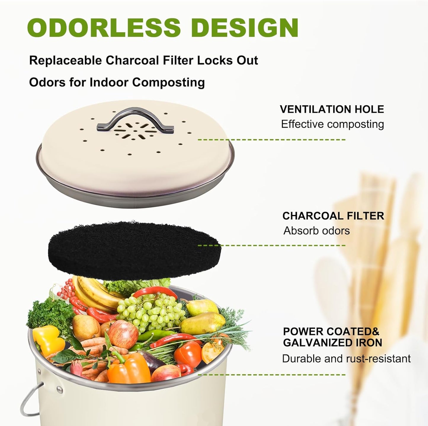 Kitchen Countertop Compost Bin, Odor Resistant Indoor Compost Bin with Lid and Charcoal Filter