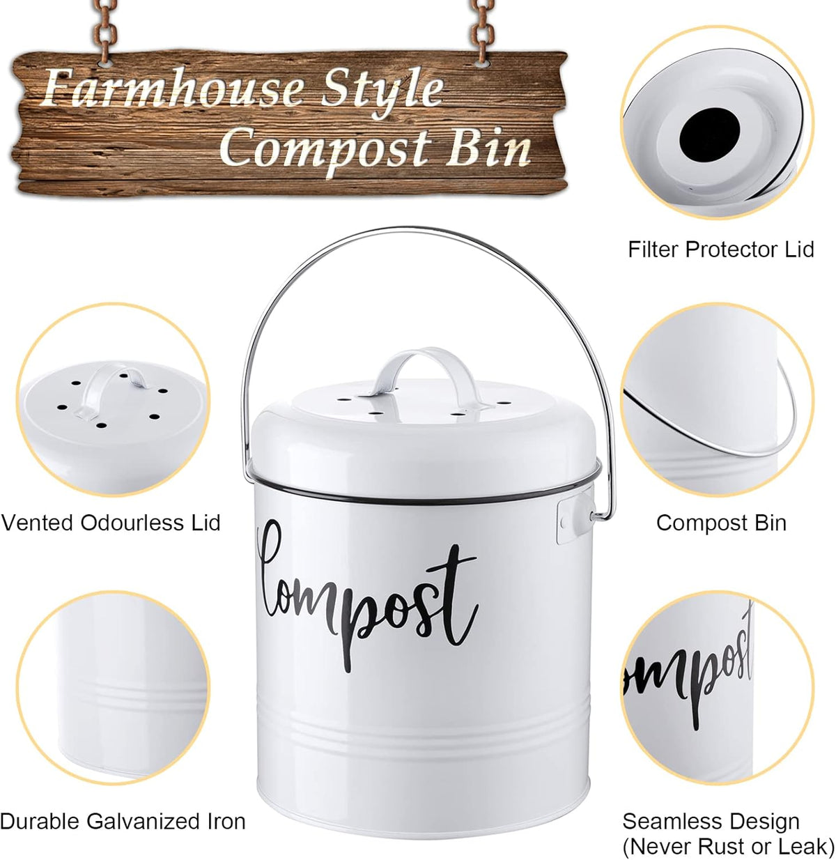 Compost Bin Kitchen, 1.3 Gallon Farmhouse Kitchen Compost Bin Countertop, Indoor Countertop Compost