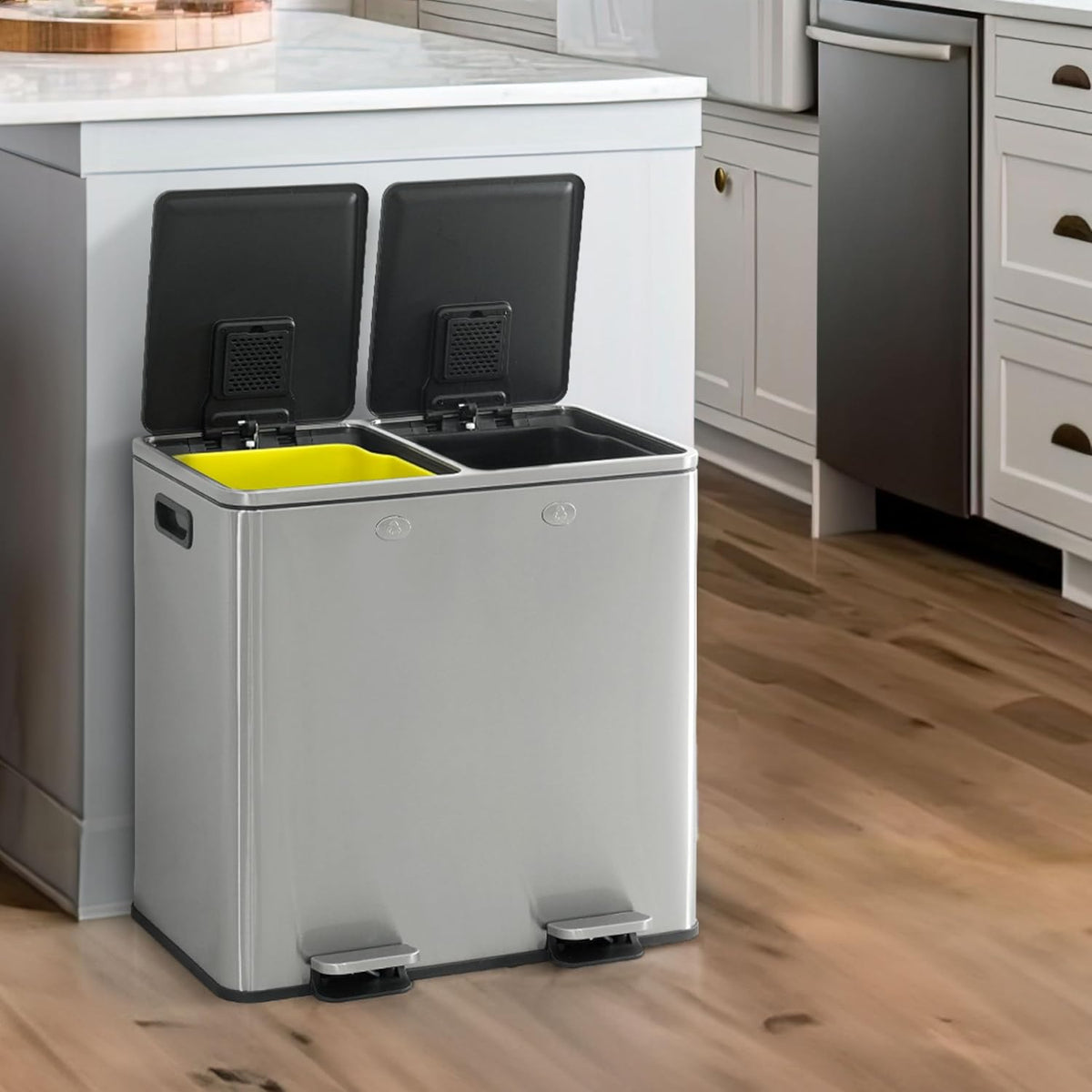 CAPHAUS Dual Trash Can with Double Lid, Trash and Recycle Bins Combo, Hands-free Stainless-Steel
