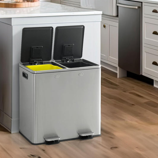 CAPHAUS Dual Trash Can with Double Lid, Trash and Recycle Bins Combo, Hands-free Stainless-Steel