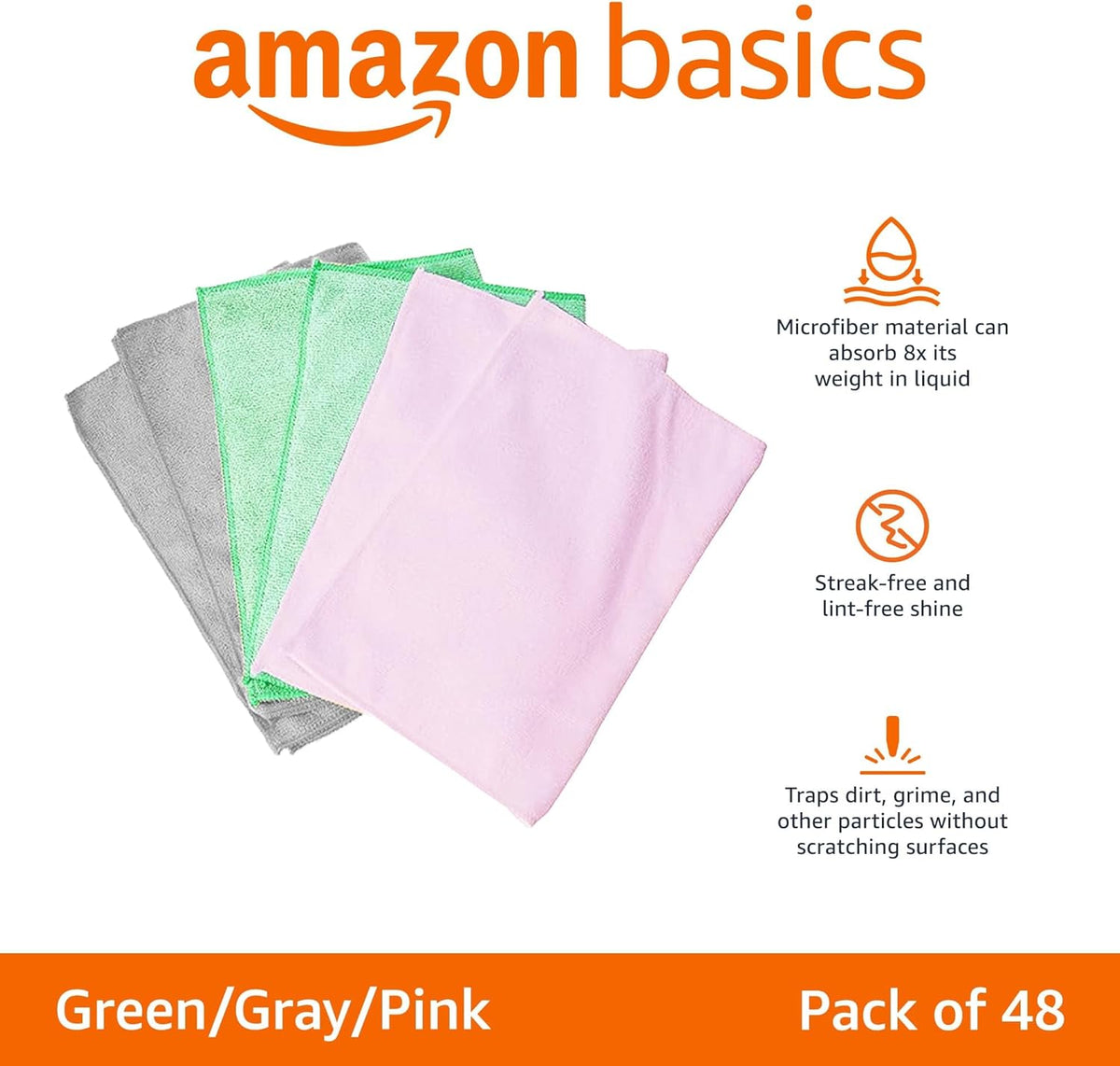 Amazon Basics Microfiber Cleaning Cloths, Non-Abrasive, Reusable and Washable, Pack of 48