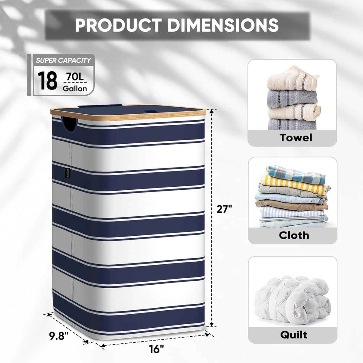 BALEINE Laundry Hamper with Lid, Tall Laundry Baskets with Bamboo Pull Handles, Large Laundry Bin
