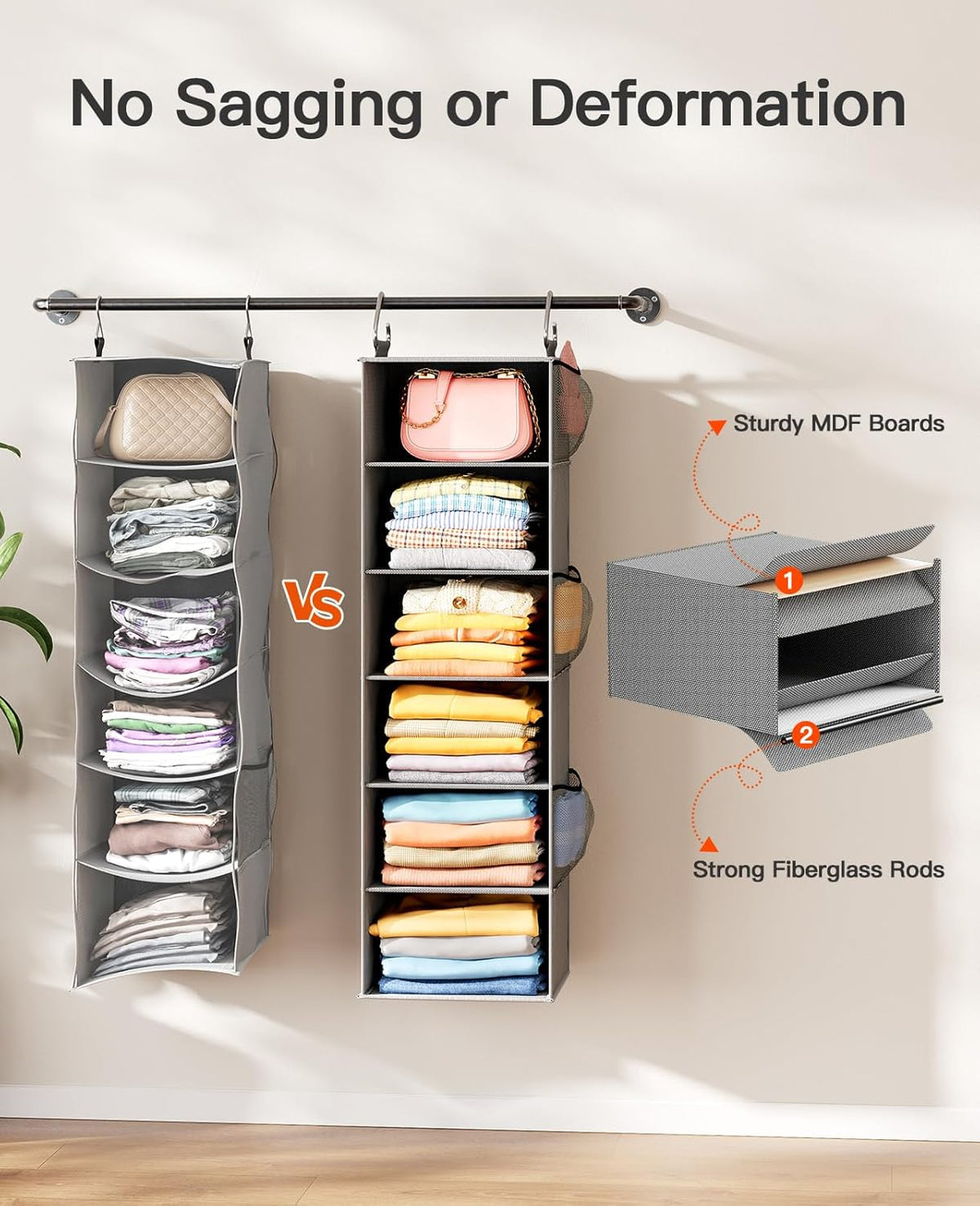 Pipishell Hanging Closet Organizer 6-Shelf, Hanging Shelves for Closet with 3 Removable Drawers &