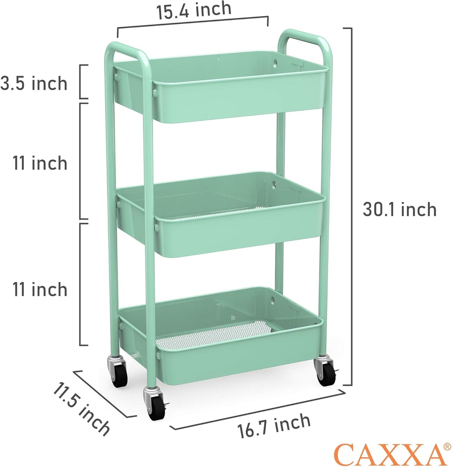 CAXXA 3-Tier Rolling Metal Storage Organizer - Mobile Utility Cart, Kitchen Cart with Caster Wheels
