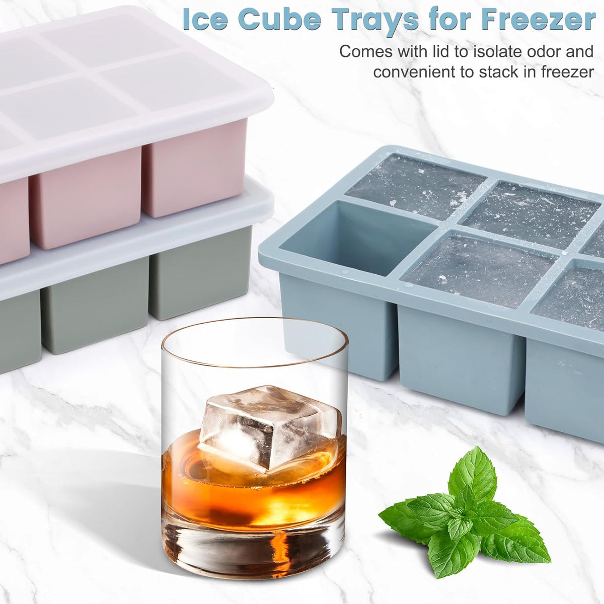 Large Silicone Ice Cube Tray 3Pack, SAWNZC Big Square Ice Cube Molds for Whisky Cocktail, Ice Maker