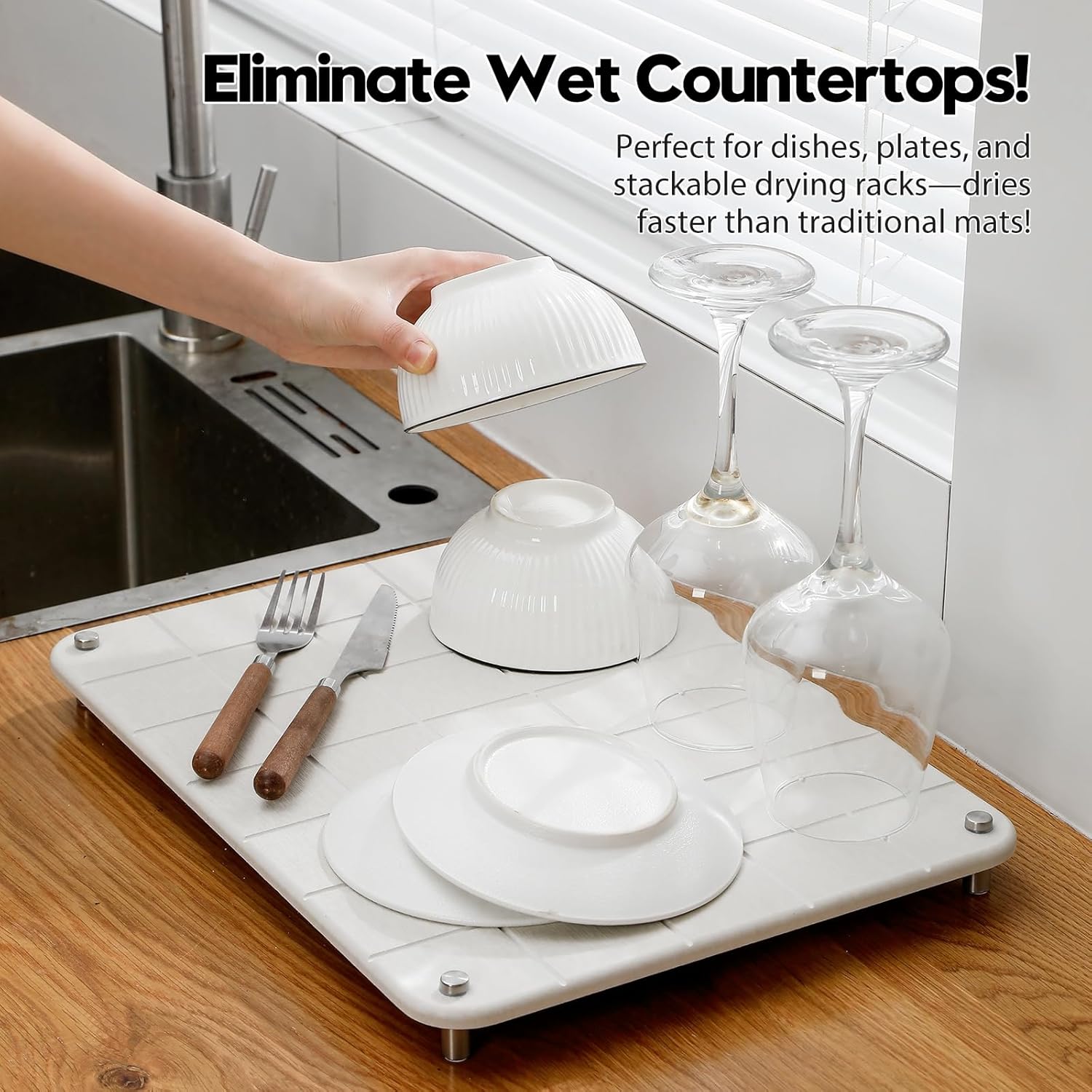 Stone Dish Drying Mat for Kitchen Counter, Water Absorbing Bathroom Tray Sink Organizer