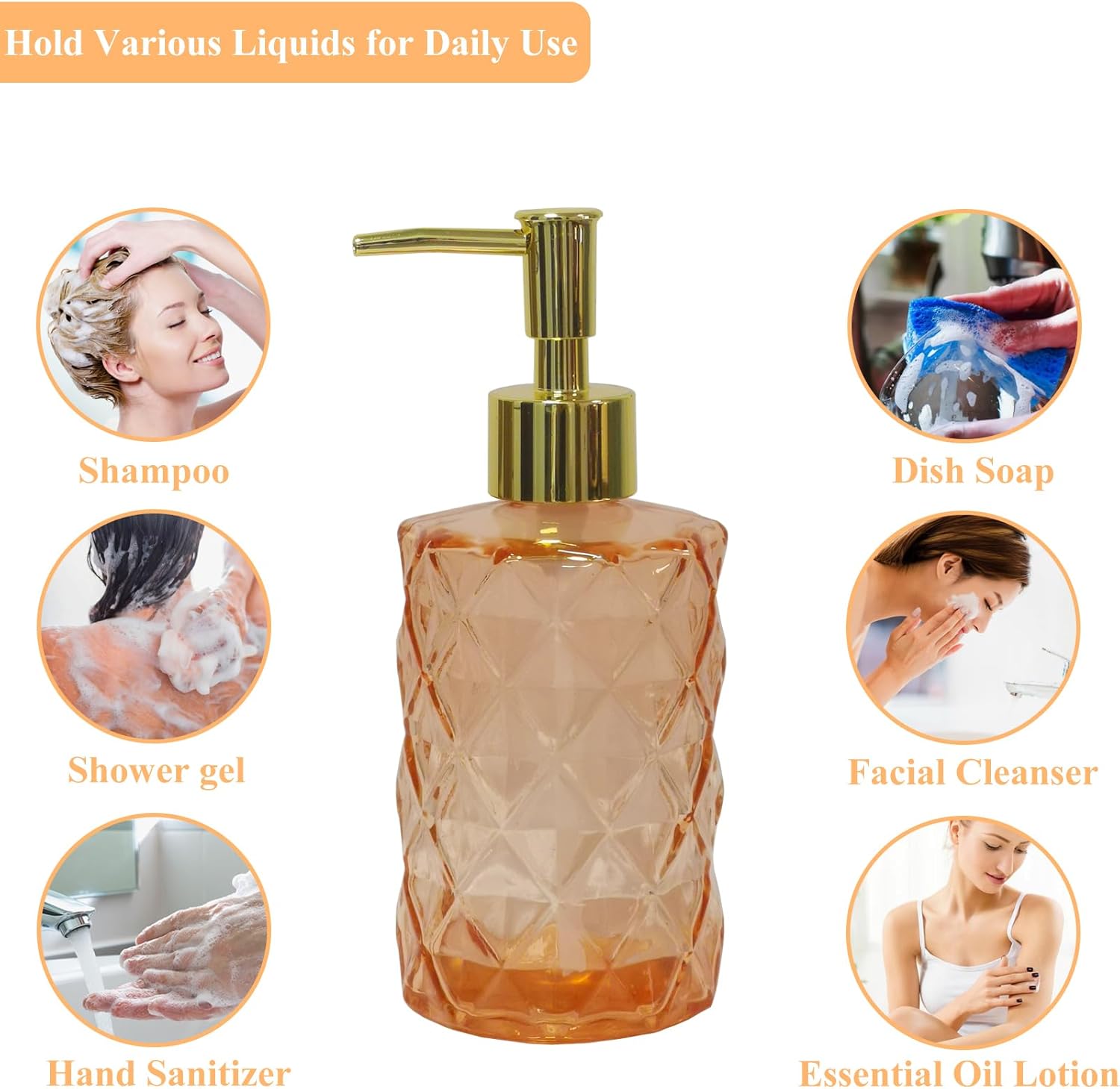 Glass Soap Dispenser with Gold Plastic Pump, 12oz Refillable Liquid Hand Soap Dispenser, Crystal