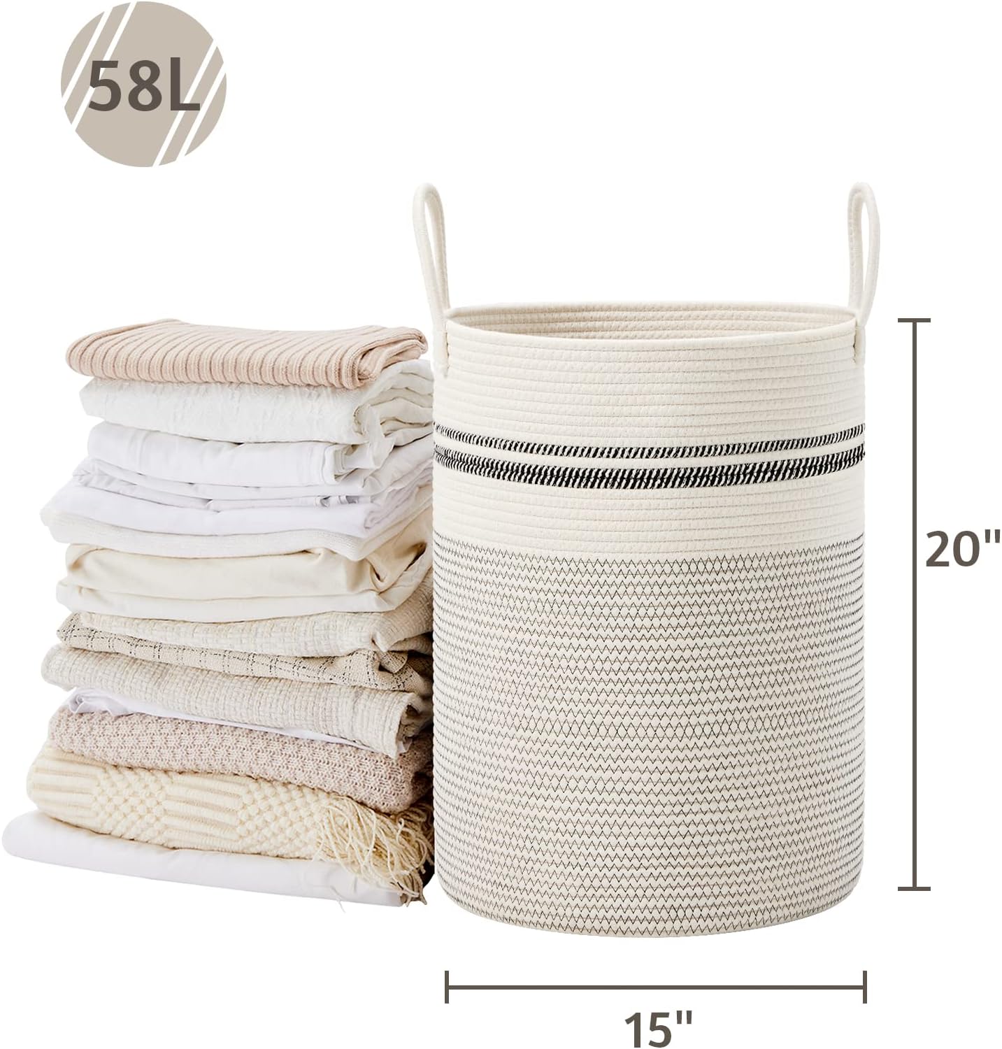 VIPOSCO Large Laundry Hamper, Tall Woven Rope Storage Basket for Blanket, Toys, Dirty Clothes in