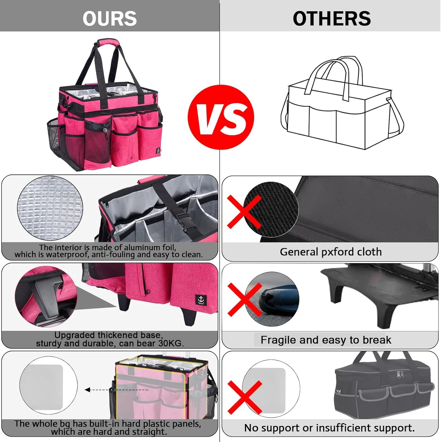 Extra Large Rolling Cleaning Caddy Bag with Detachable, Foldable Trolley Portable Cleaning Cart for