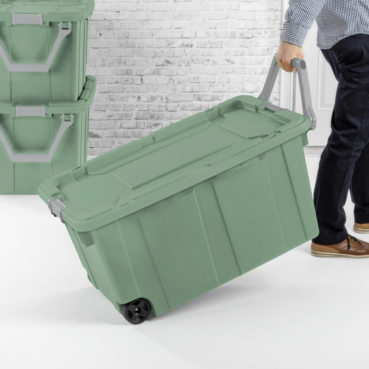 Ratiyae 40 Gallon Wheeled Industrial Tote, Rugged Plastic Storage Bin, Latch Lid, Light Green, 2