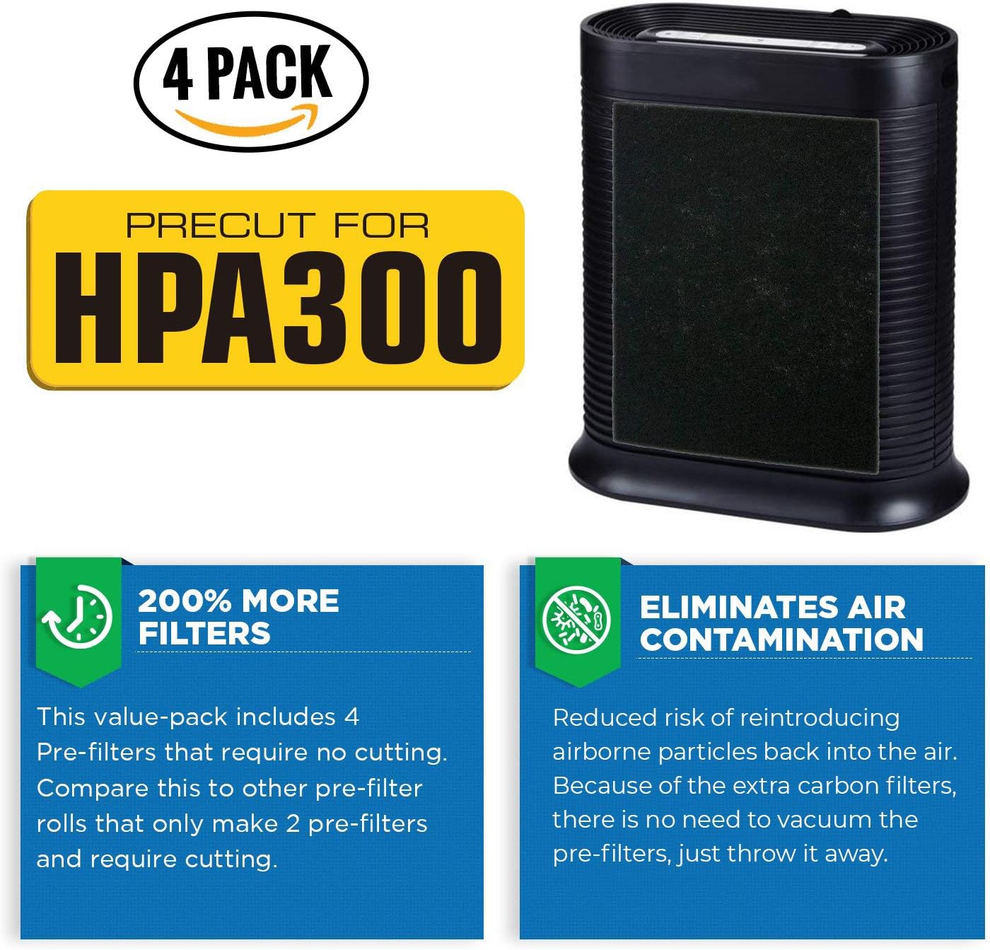 VEVA Precut for HPA300 Premium Carbon Activated Pre Filters 4 Pack Compatible with HW Air Purifier.
