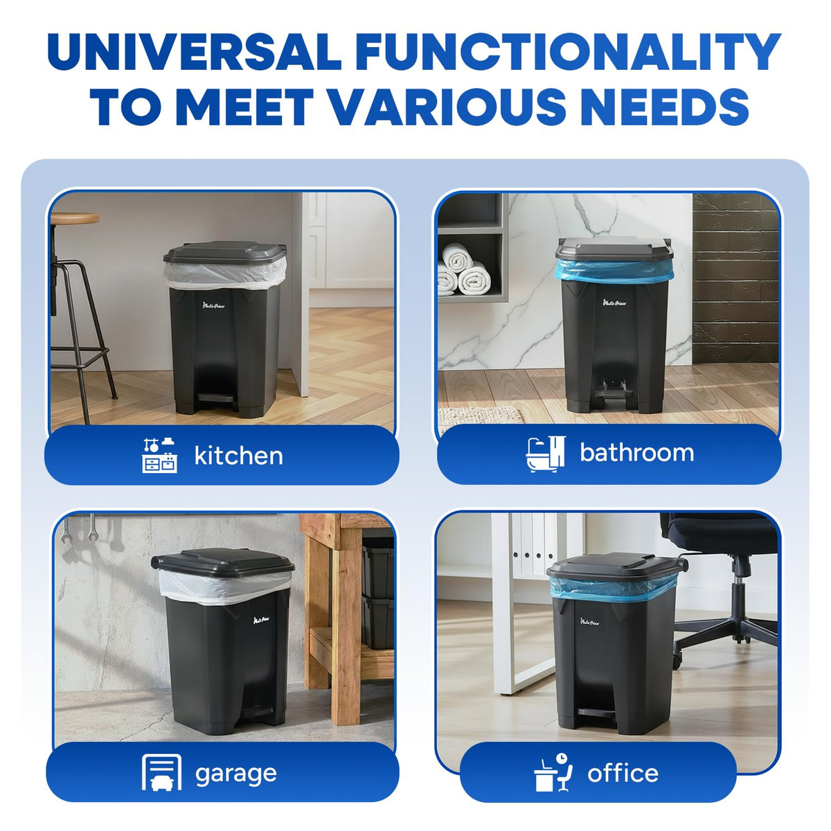 14 Gallon Step-On Trash Can/Container, Black Plastic Dustbin with Lid and Foot Pedal, Hands-Free
