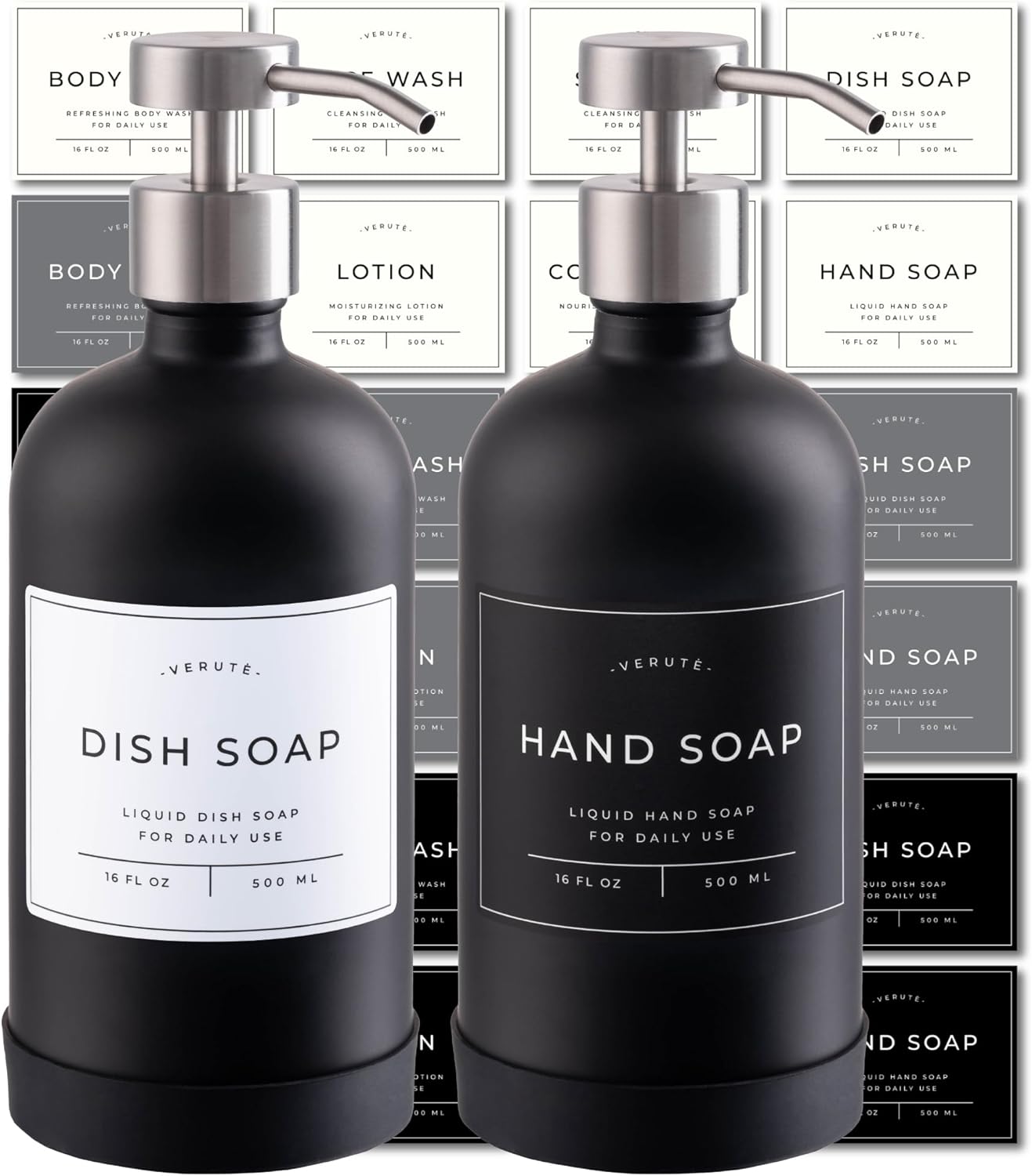 16oz Glass Soap Dispenser with Stainless Steel Pump, 21 Waterproof Labels, Non-Slip Protective