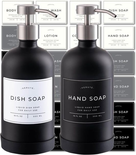 16oz Glass Soap Dispenser with Stainless Steel Pump, 21 Waterproof Labels, Non-Slip Protective